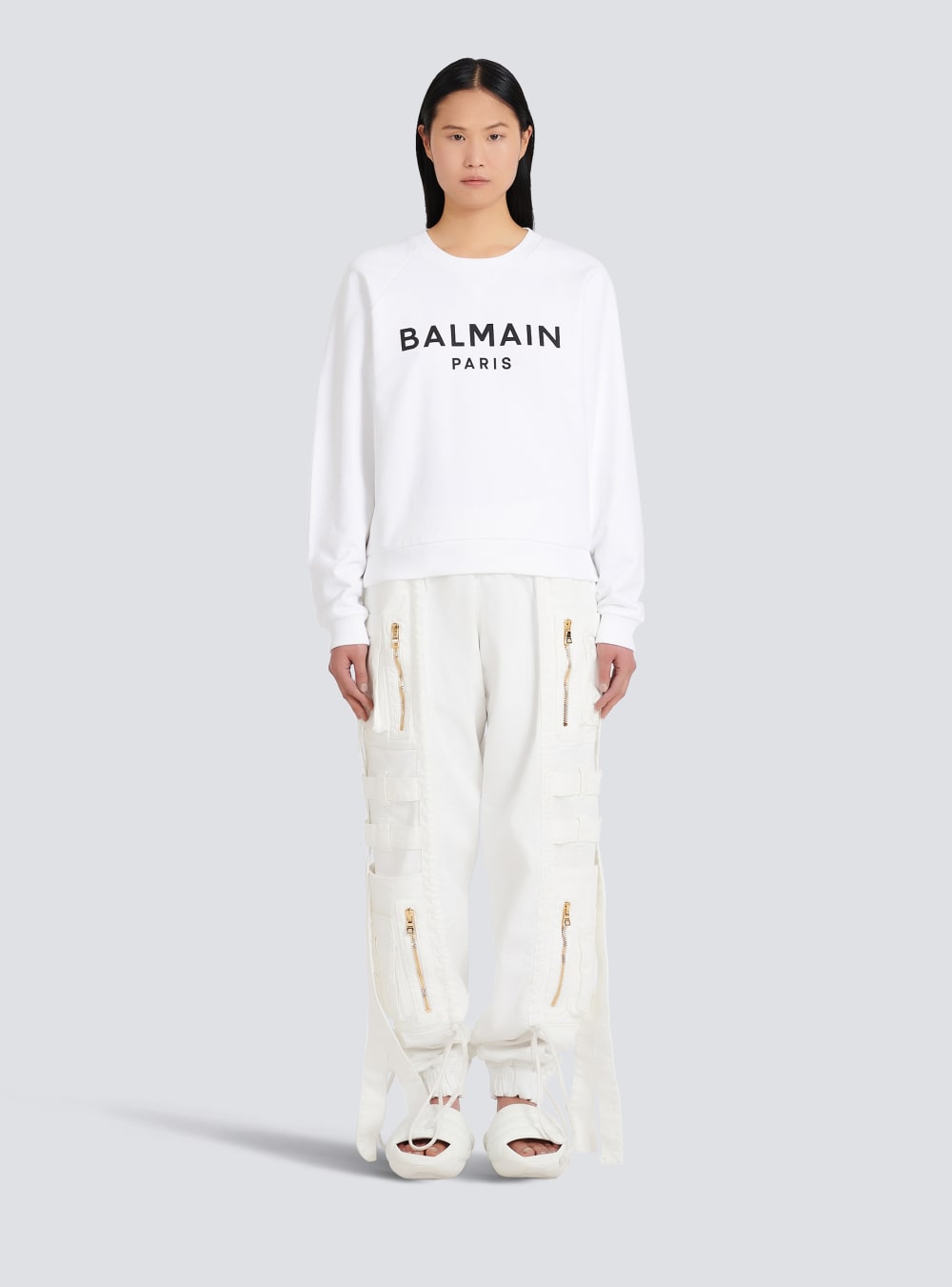 Women's Balmain Cotton Eco-designed With Flocked Logo Sweatshirts White | USA XRibNQ9x