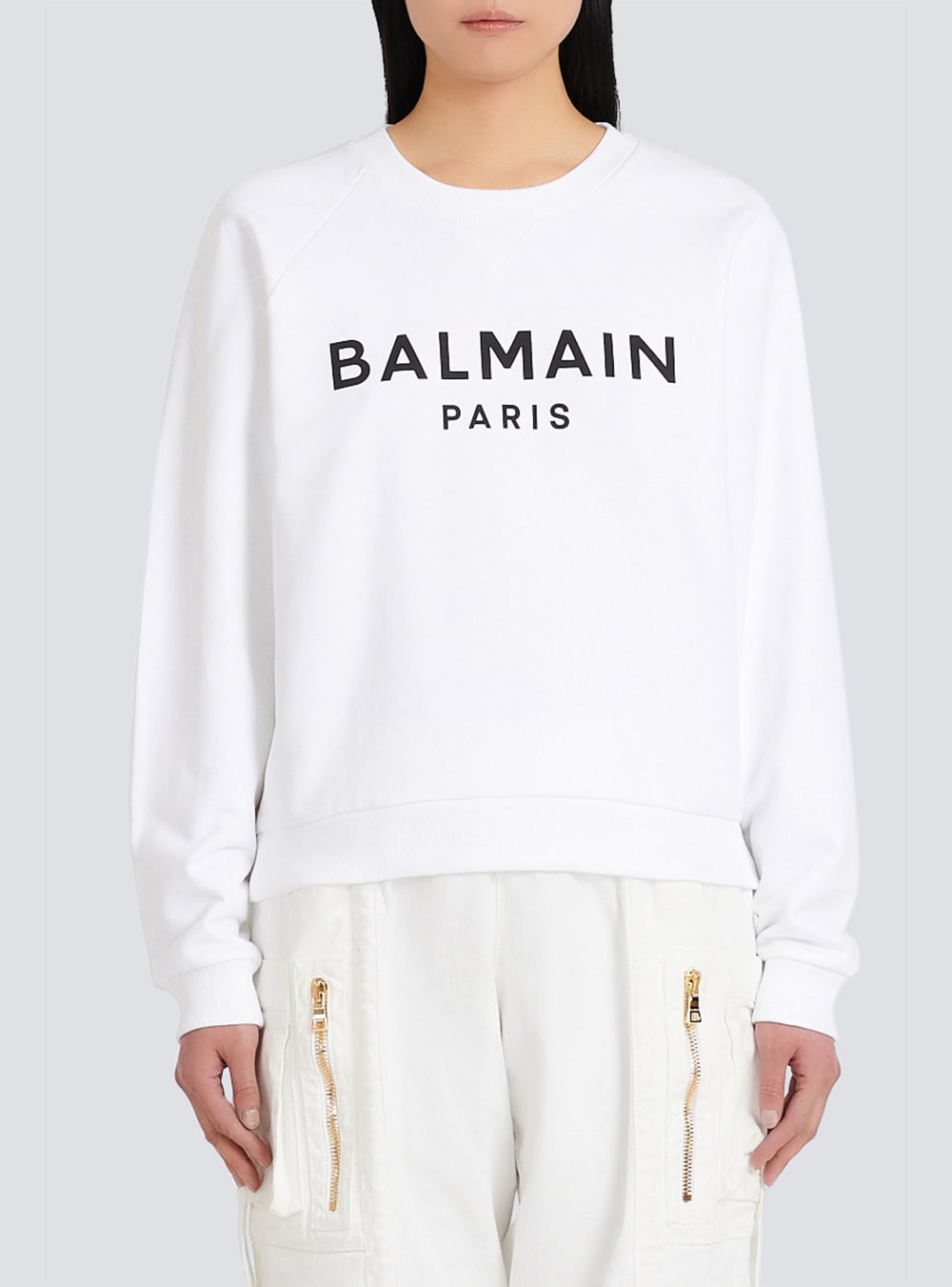 Women's Balmain Cotton Eco-designed With Flocked Logo Sweatshirts White | USA XRibNQ9x