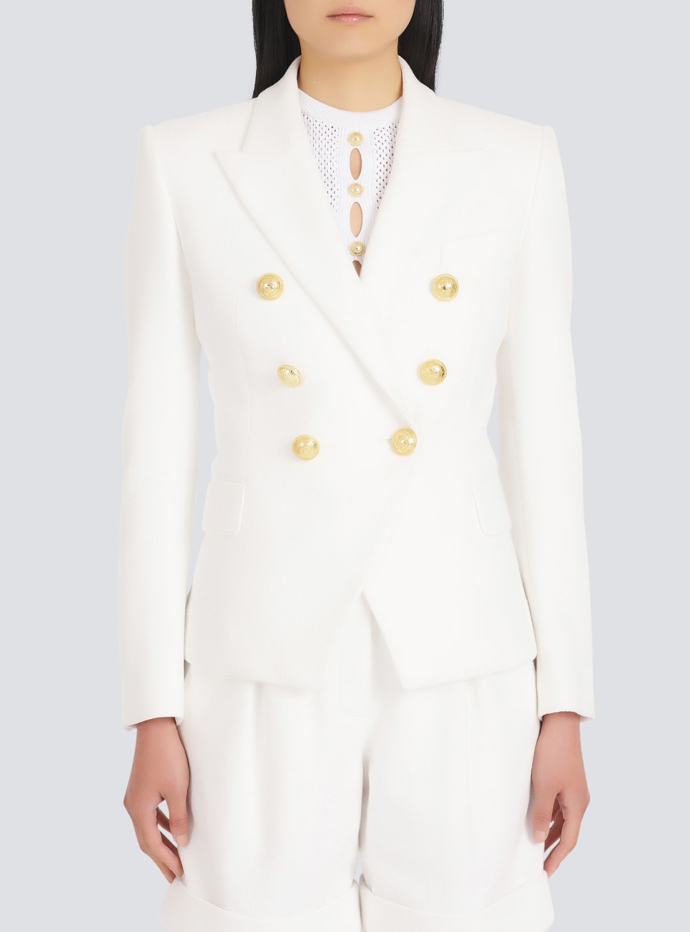 Women's Balmain Cotton Piqué Double-buttoned Jackets White | USA 26WIvwrD