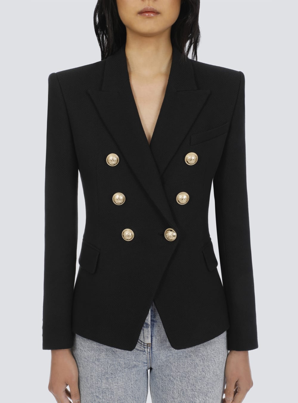 Women's Balmain Cotton Piqué Double-buttoned Jackets Black | USA Mnr3aPdF