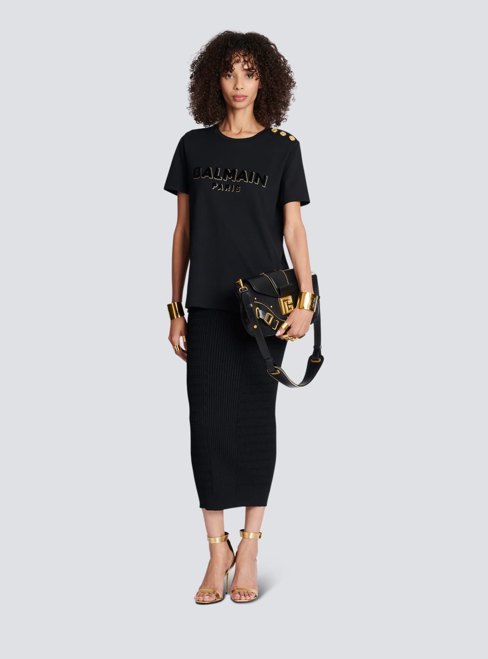 Women's Balmain Cotton With Flocked Metallic Logo T Shirts Black | USA gcDX6lmP