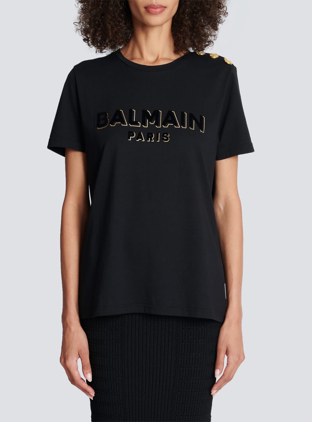 Women's Balmain Cotton With Flocked Metallic Logo T Shirts Black | USA gcDX6lmP