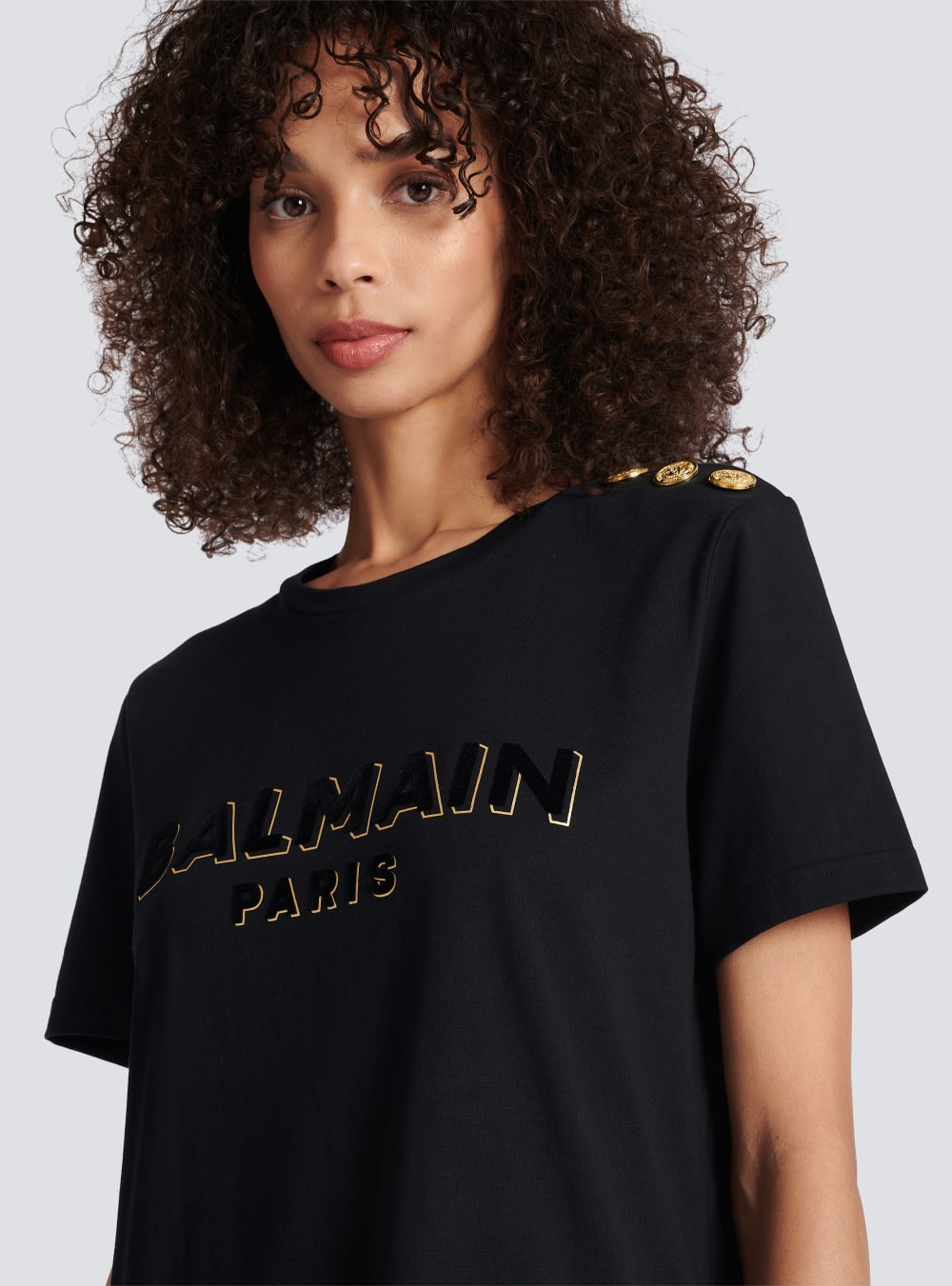 Women's Balmain Cotton With Flocked Metallic Logo T Shirts Black | USA gcDX6lmP