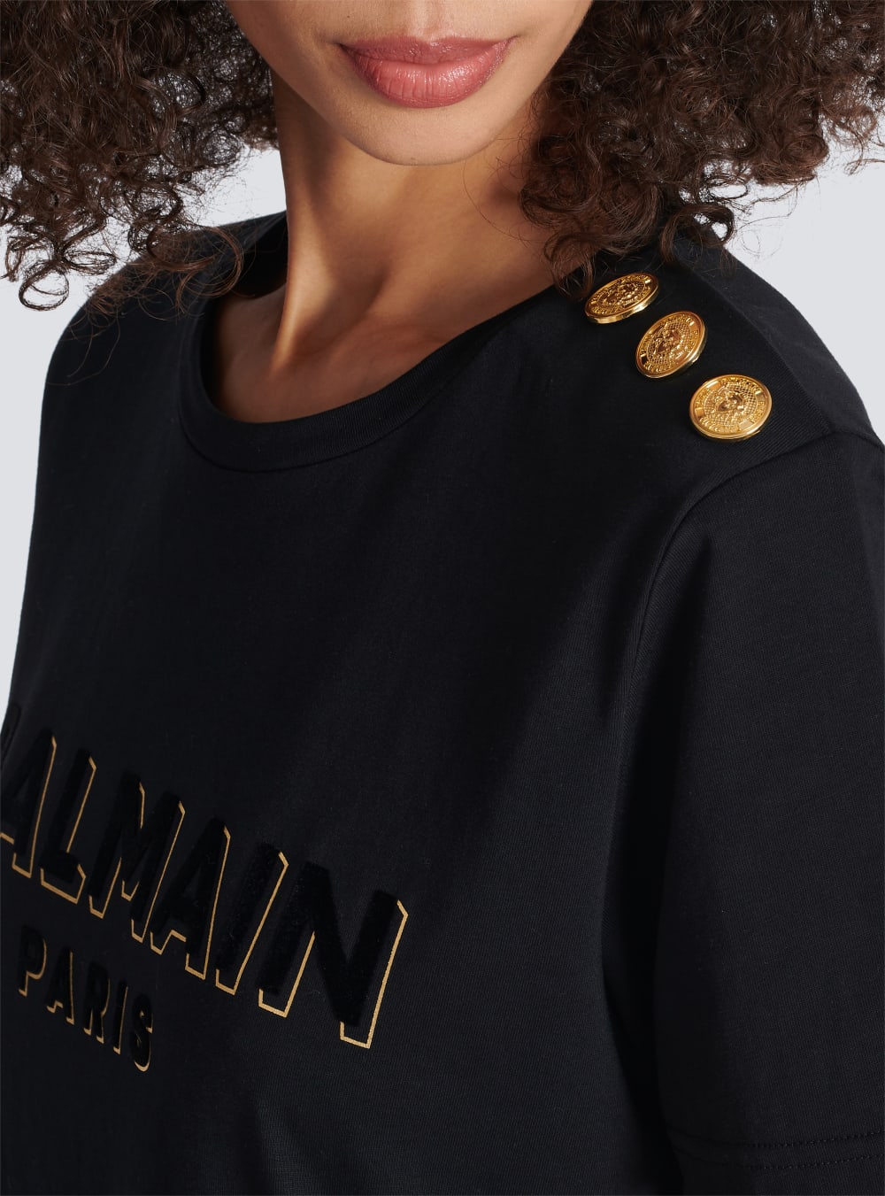 Women's Balmain Cotton With Flocked Metallic Logo T Shirts Black | USA gcDX6lmP