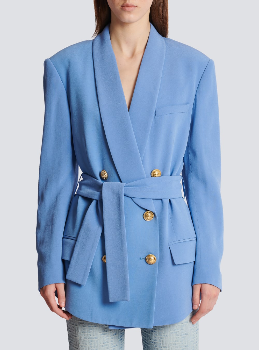 Women's Balmain Crepe With Shawl Collar Jackets Blue | USA Dfprce1p