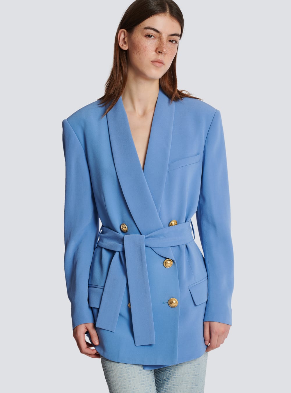 Women's Balmain Crepe With Shawl Collar Jackets Blue | USA Dfprce1p