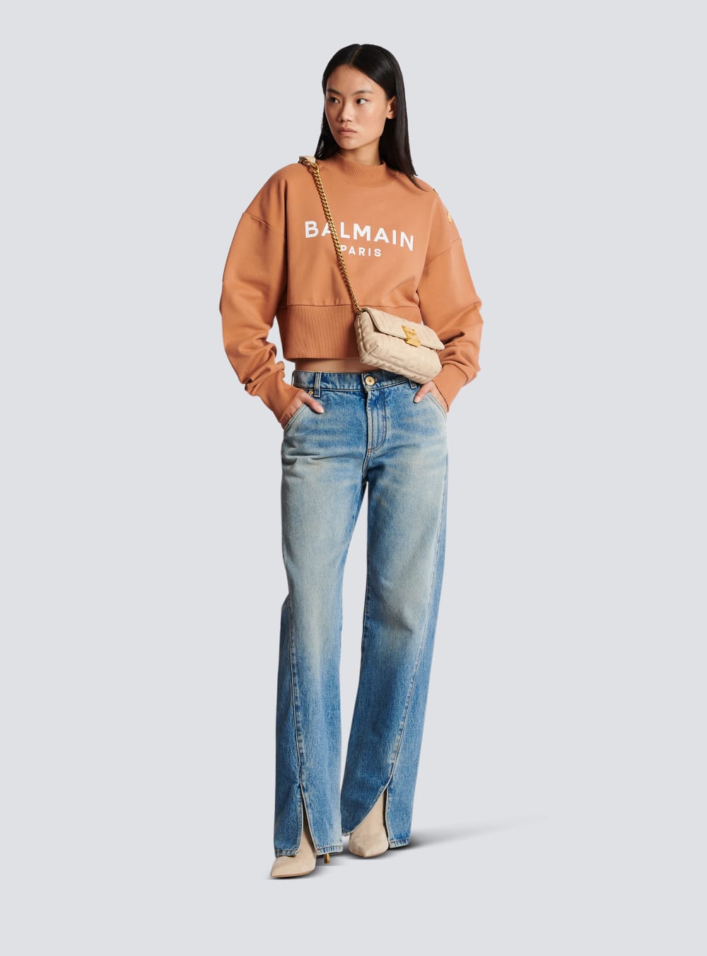 Women's Balmain Cropped Buttoned Logo Print Sweatshirts Brown | USA ROnWrC7z