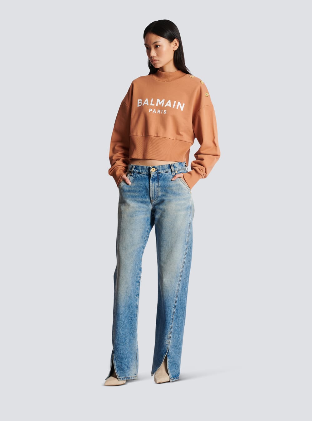 Women's Balmain Cropped Buttoned Logo Print Sweatshirts Brown | USA ROnWrC7z