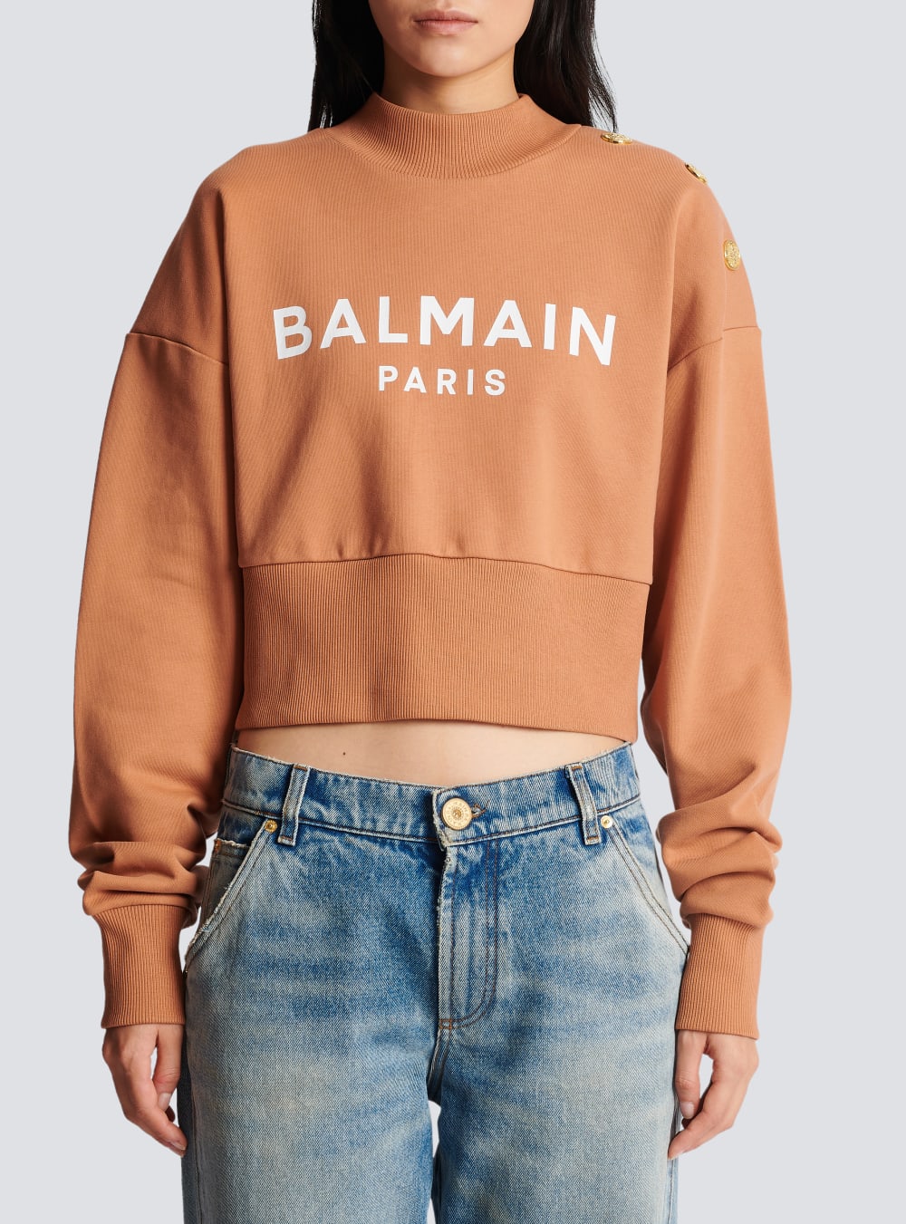 Women's Balmain Cropped Buttoned Logo Print Sweatshirts Brown | USA ROnWrC7z