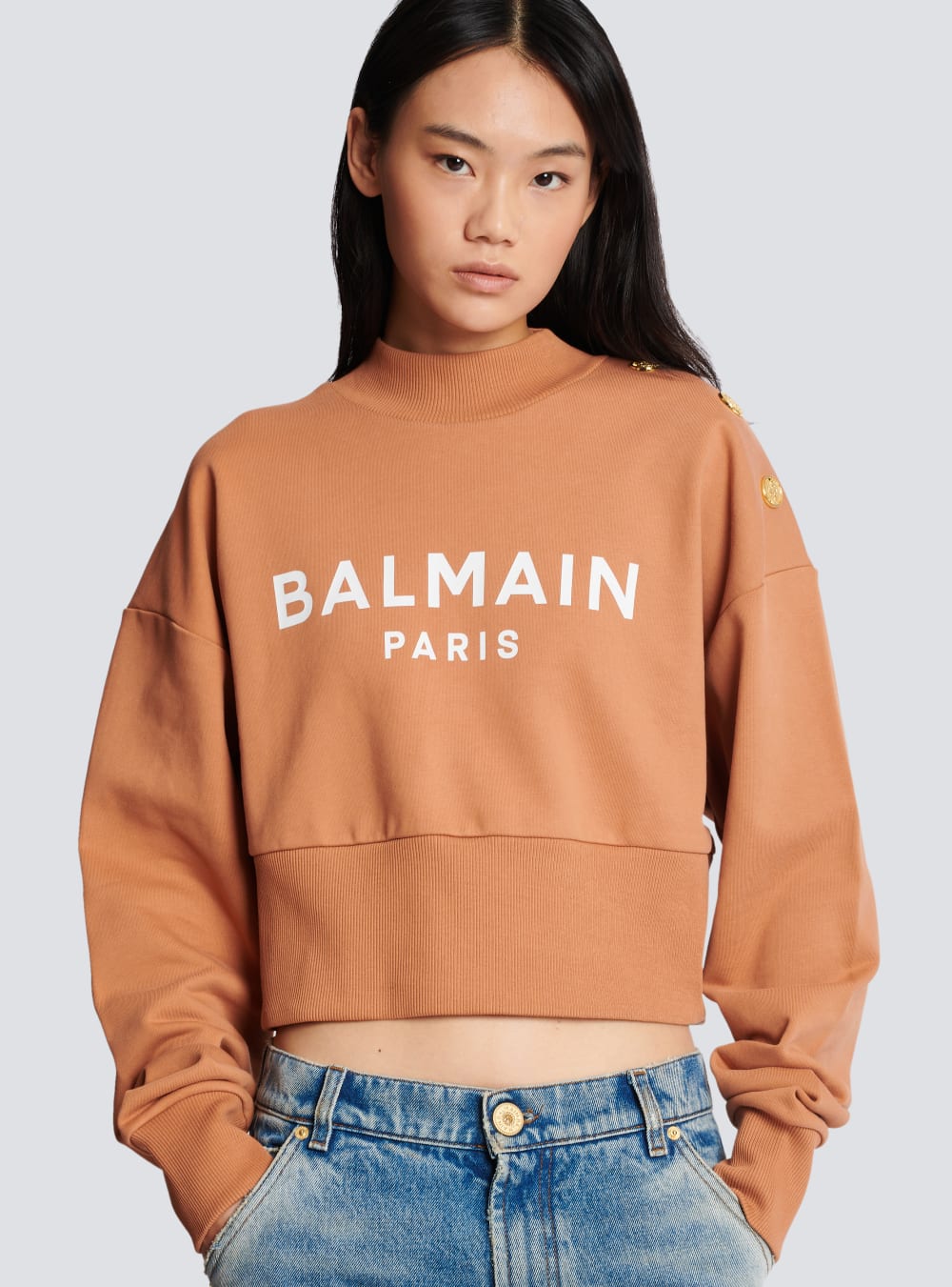 Women's Balmain Cropped Buttoned Logo Print Sweatshirts Brown | USA ROnWrC7z