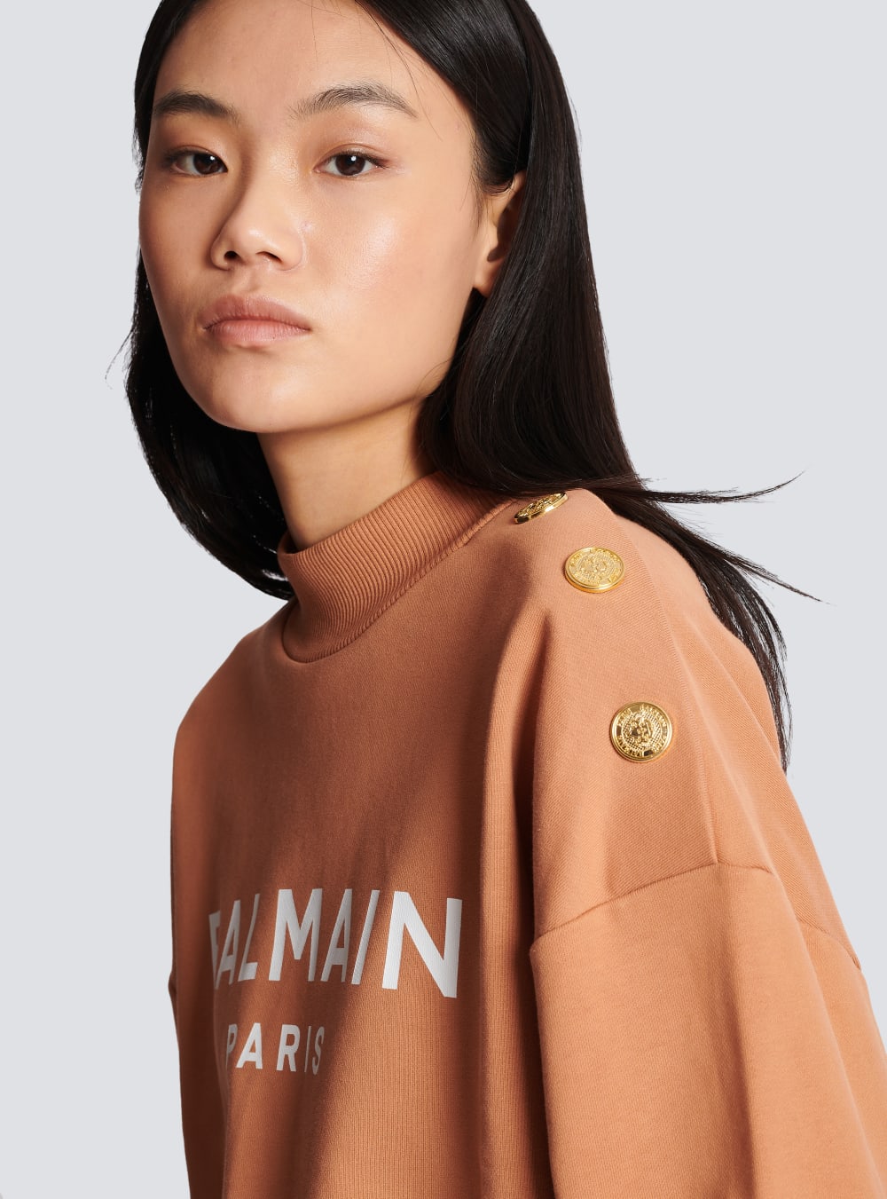 Women's Balmain Cropped Buttoned Logo Print Sweatshirts Brown | USA ROnWrC7z