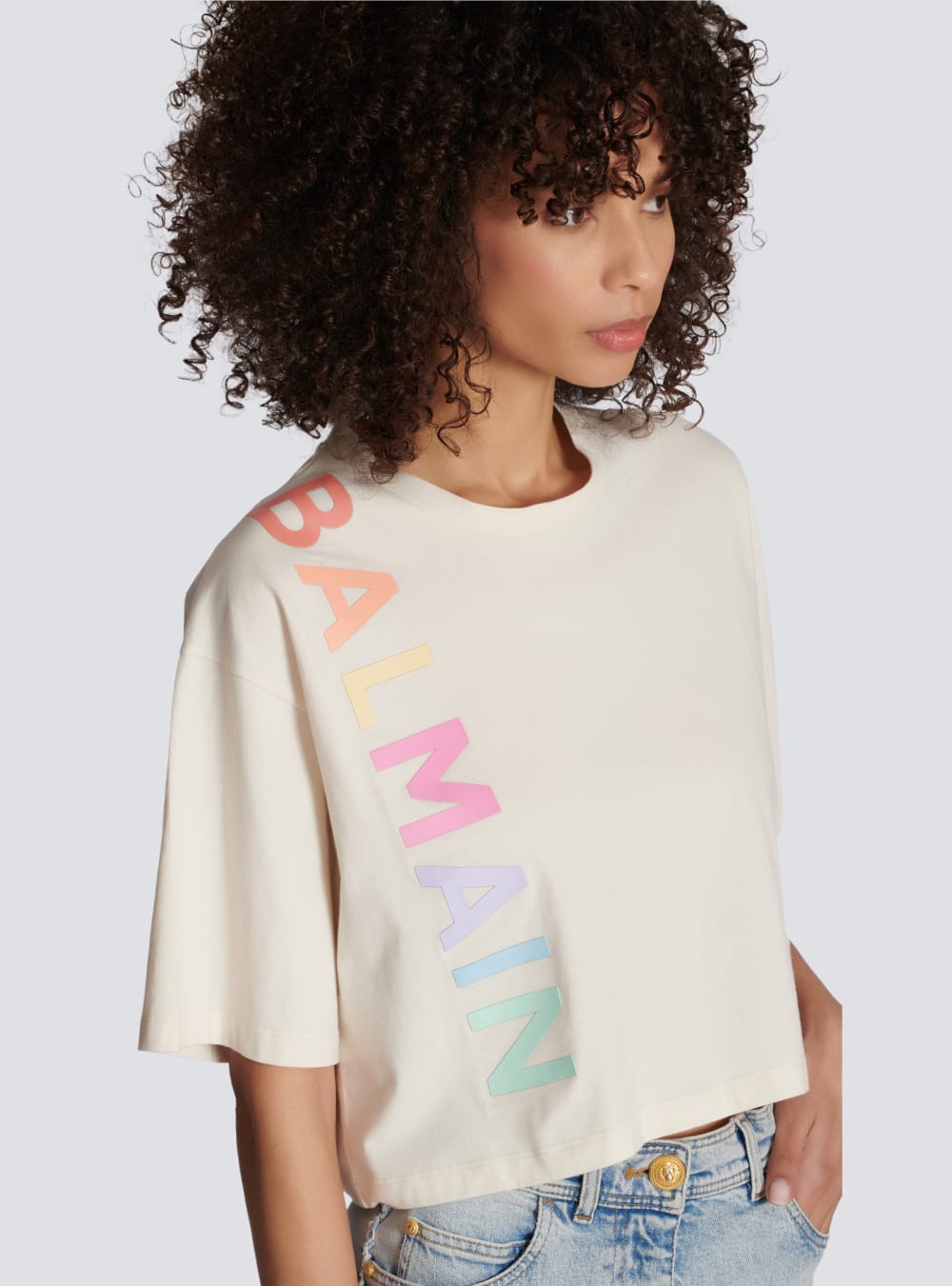 Women's Balmain Cropped Cotton Logo T Shirts Beige | USA dTg2KdN1