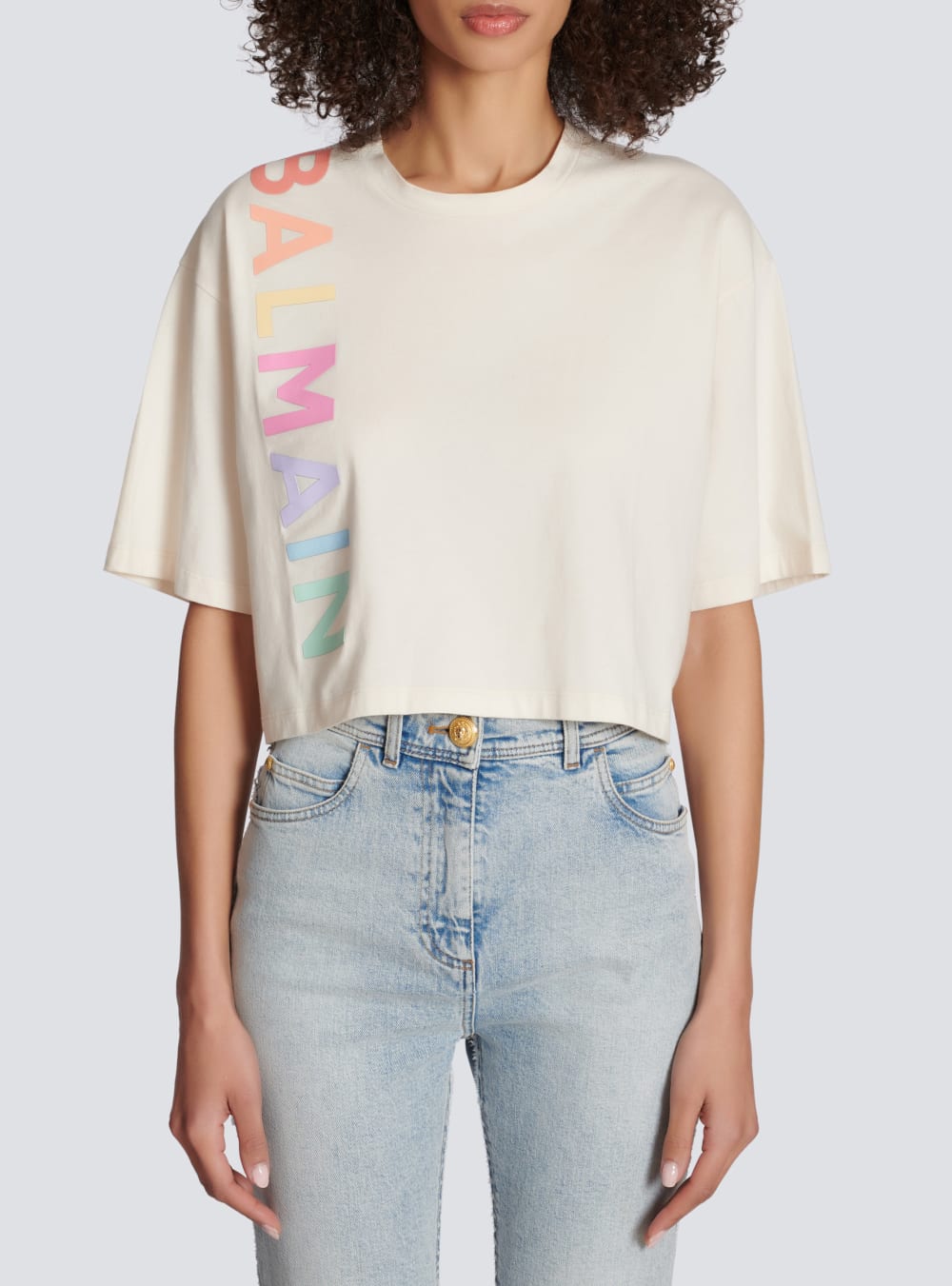 Women's Balmain Cropped Cotton Logo T Shirts Beige | USA dTg2KdN1