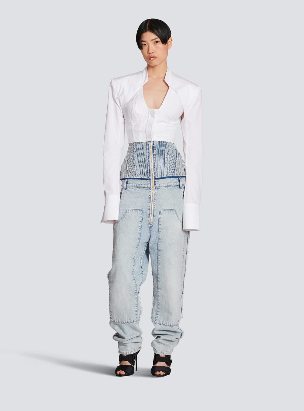 Women's Balmain Cropped Cotton Shirts White | USA RxiQiz6e