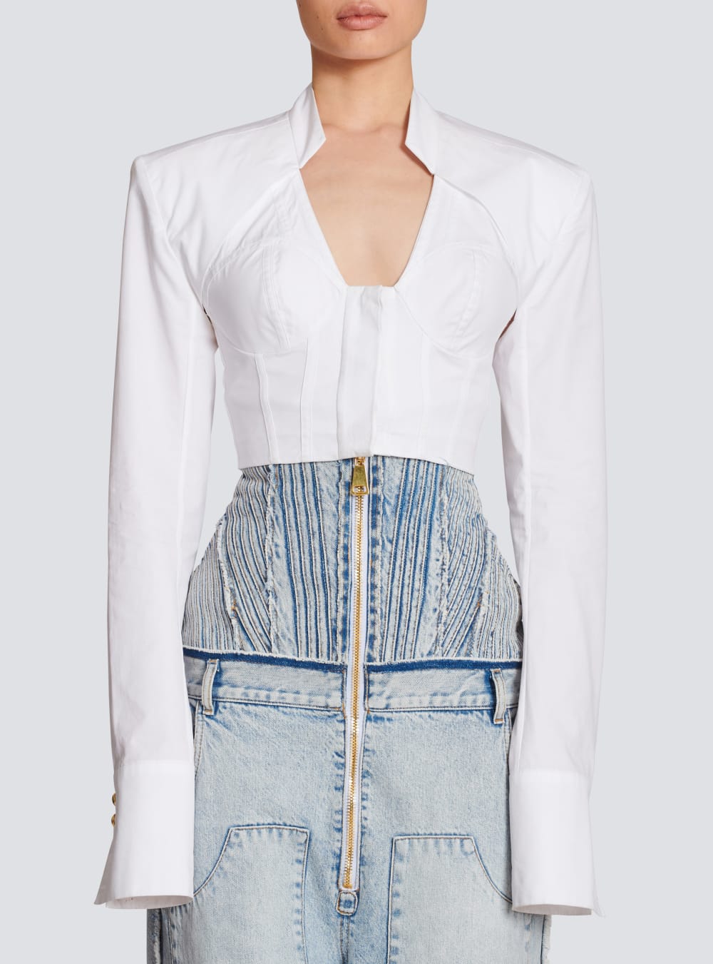 Women's Balmain Cropped Cotton Shirts White | USA RxiQiz6e