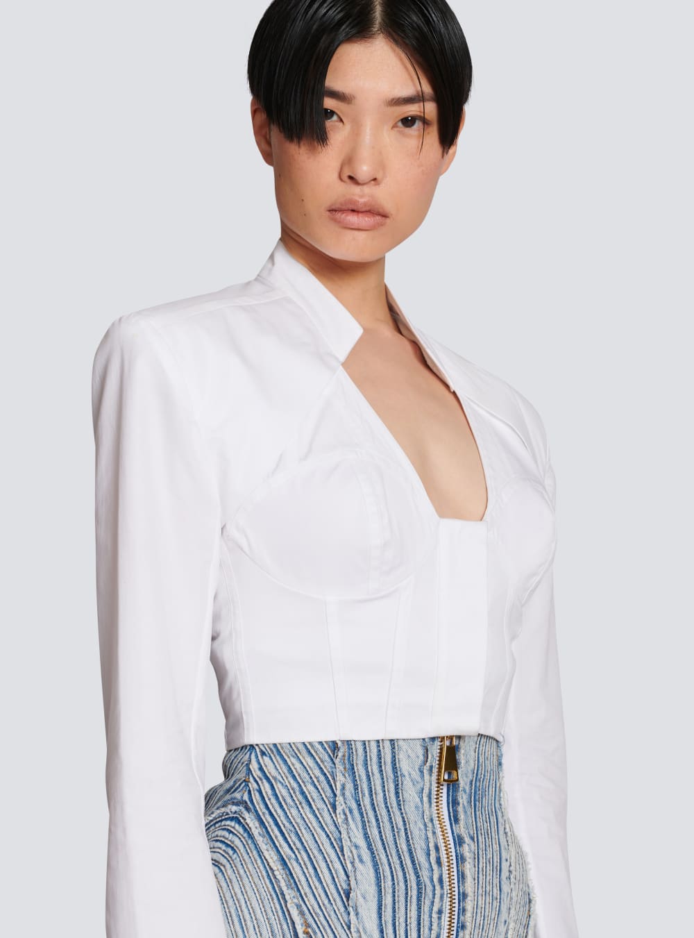 Women's Balmain Cropped Cotton Shirts White | USA RxiQiz6e