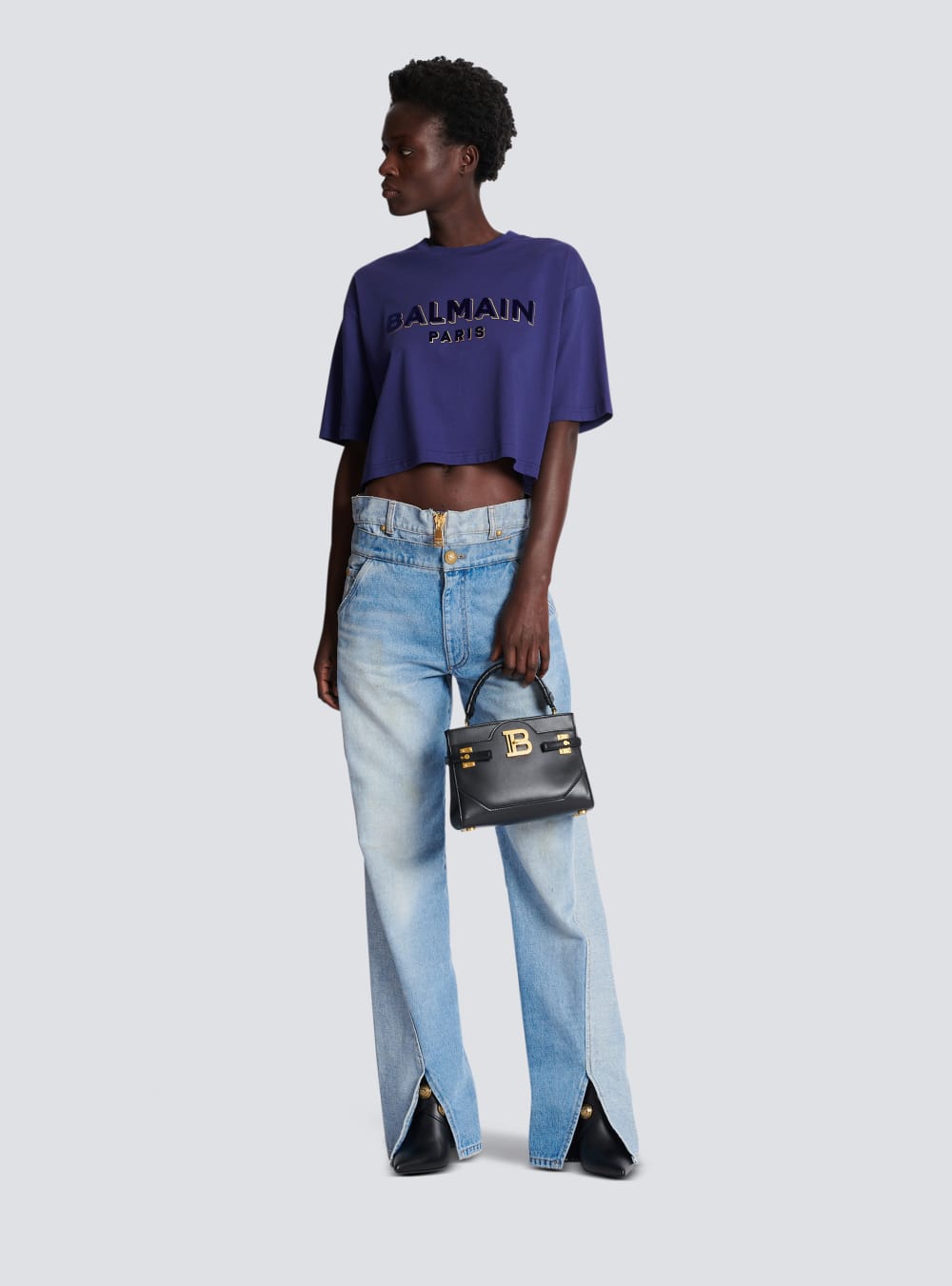 Women's Balmain Cropped Cotton With Flocked Metallic Logo T Shirts Blue | USA WsPAkdbN