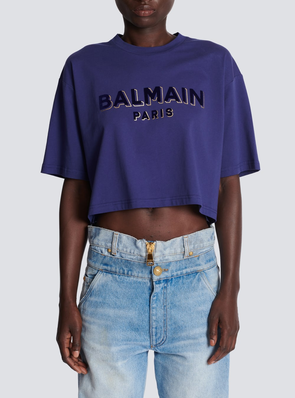 Women's Balmain Cropped Cotton With Flocked Metallic Logo T Shirts Blue | USA WsPAkdbN