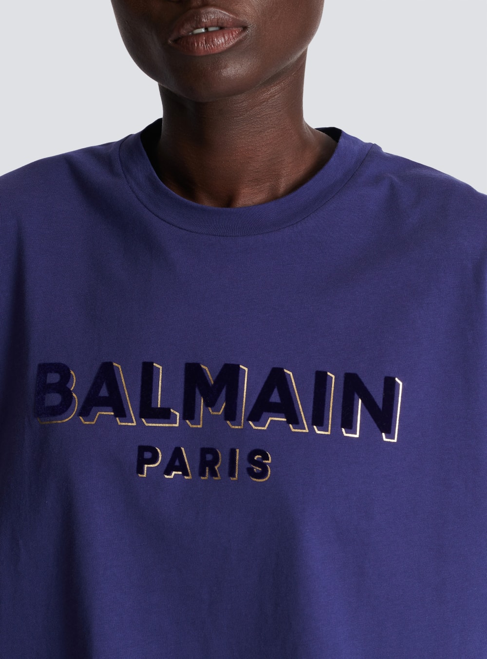 Women's Balmain Cropped Cotton With Flocked Metallic Logo T Shirts Blue | USA WsPAkdbN