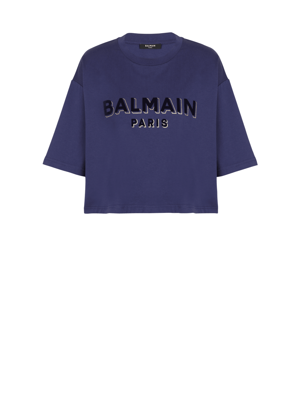 Women\'s Balmain Cropped Cotton With Flocked Metallic Logo T Shirts Blue | USA WsPAkdbN