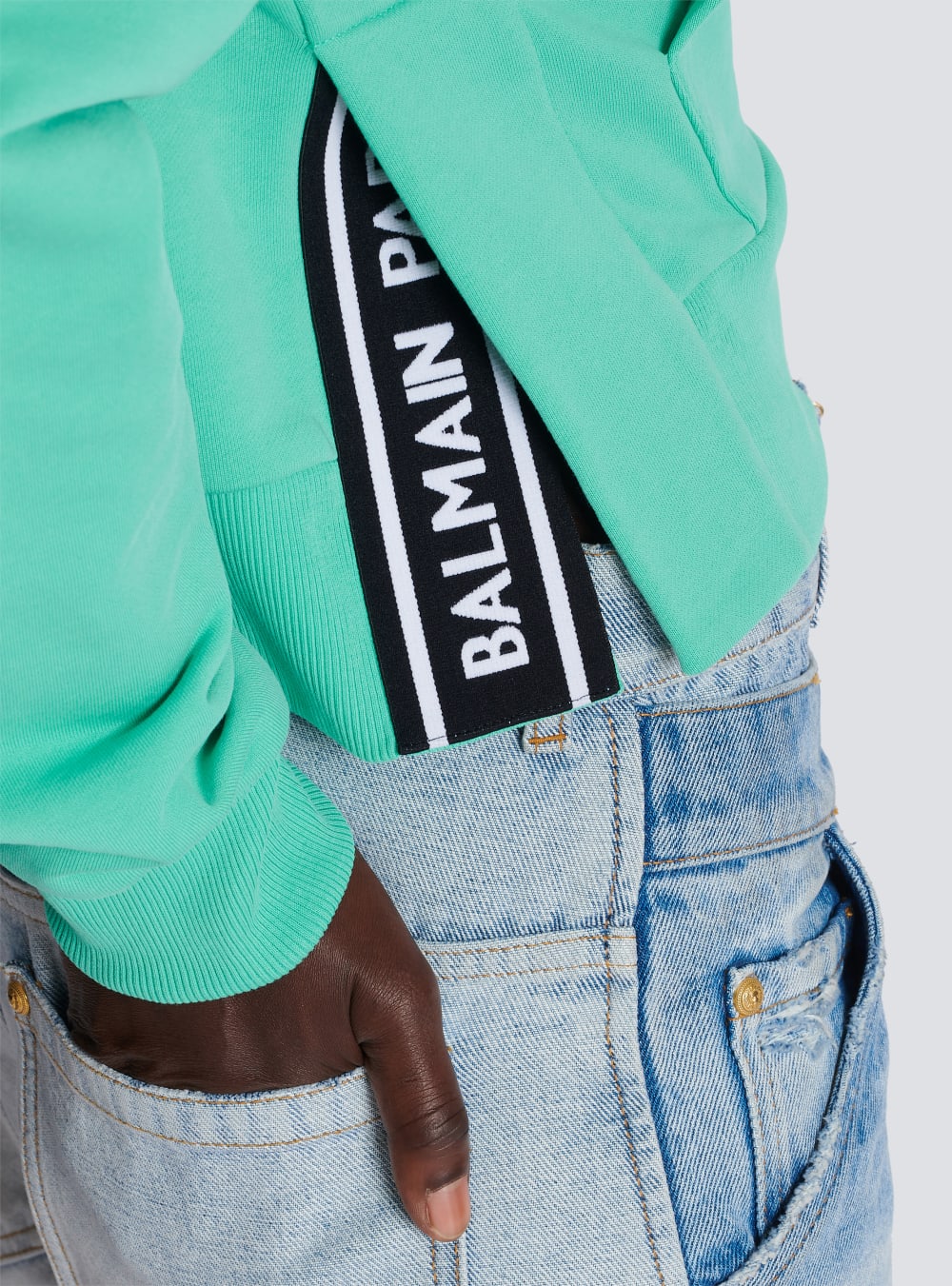 Women's Balmain Cropped Cotton With Flocked Logo Sweatshirts Blue | USA YBhIf7LQ