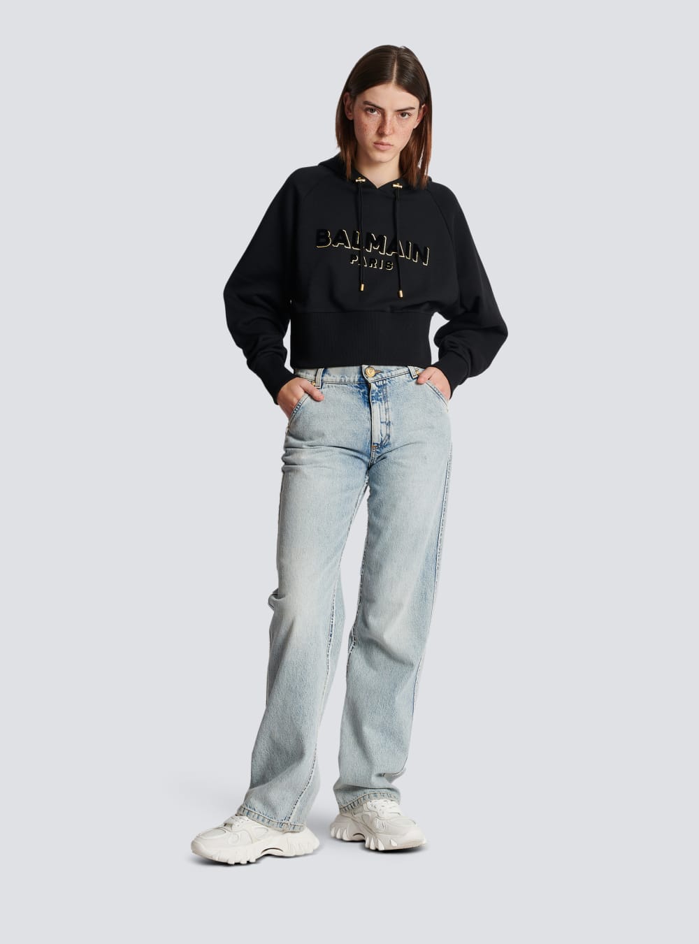 Women's Balmain Cropped Cotton With Flocked Metallic Logo Sweatshirts Black | USA gXimwjRR