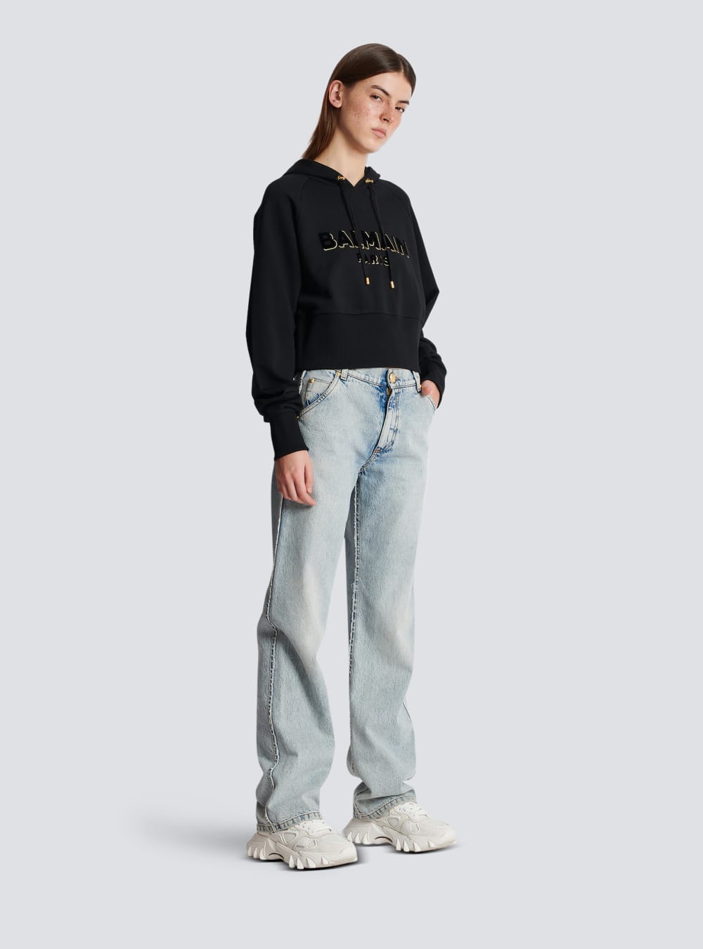 Women's Balmain Cropped Cotton With Flocked Metallic Logo Sweatshirts Black | USA gXimwjRR