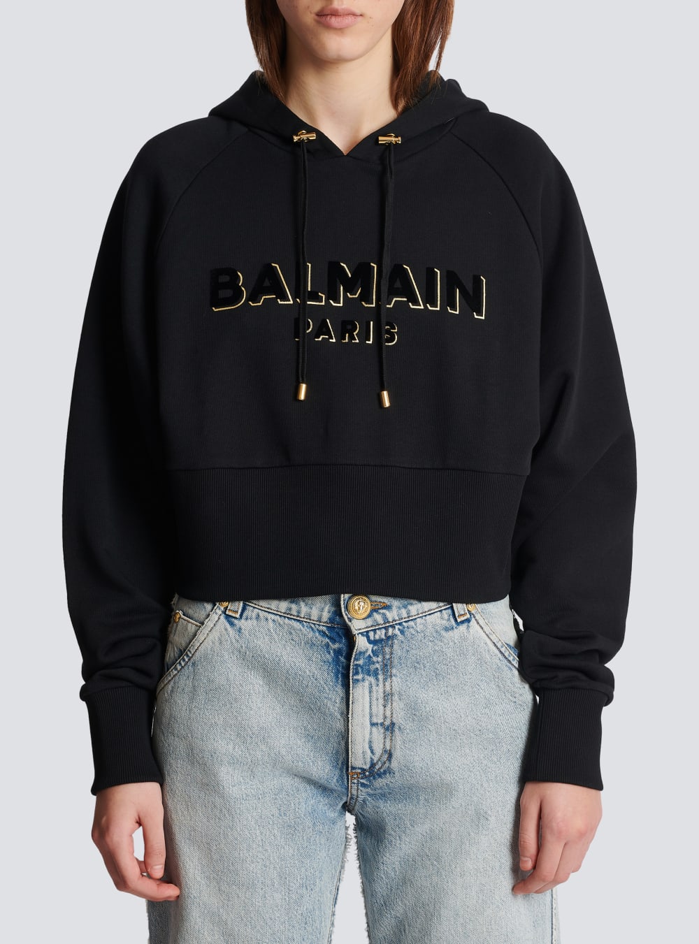 Women's Balmain Cropped Cotton With Flocked Metallic Logo Sweatshirts Black | USA gXimwjRR