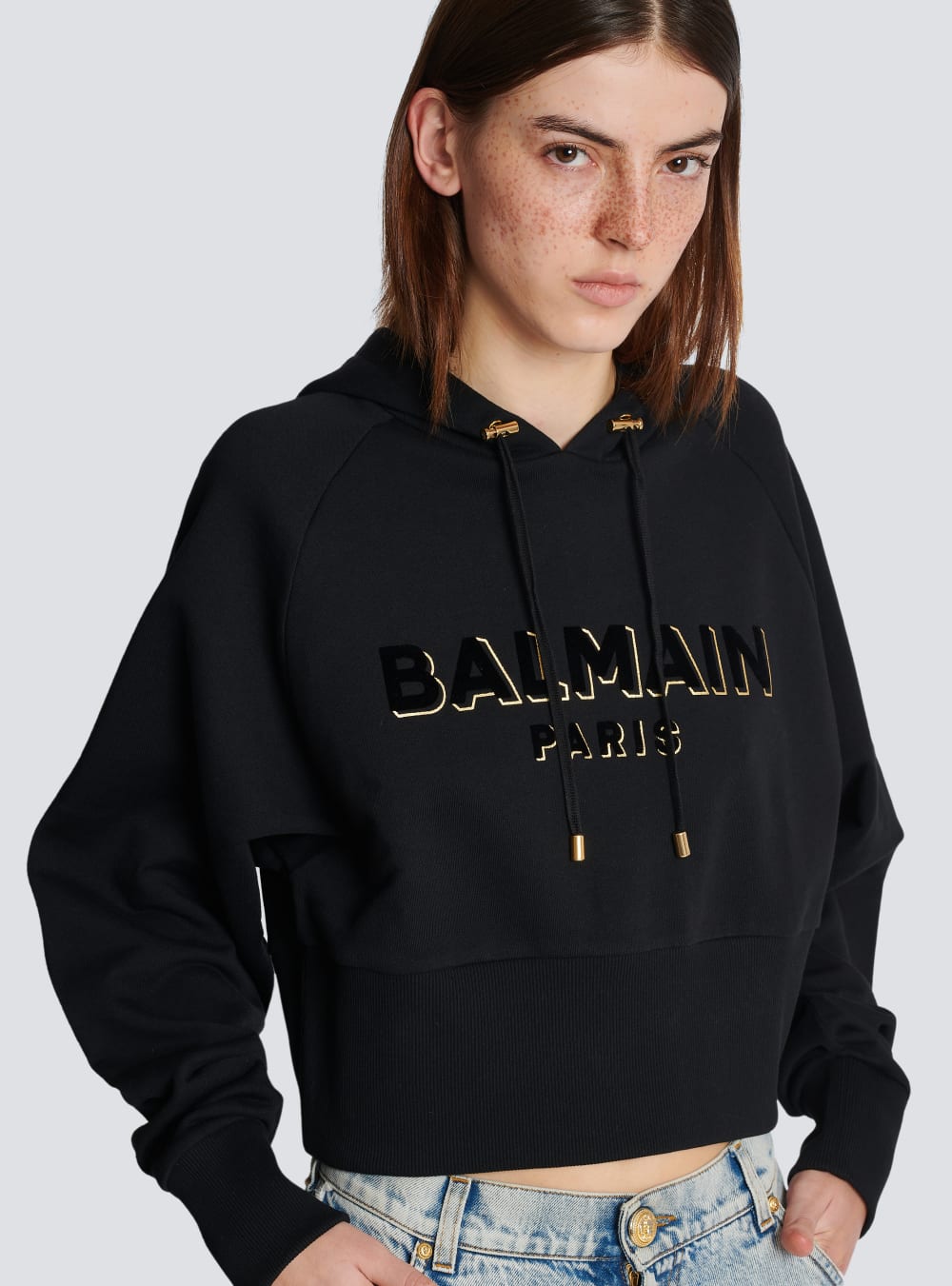 Women's Balmain Cropped Cotton With Flocked Metallic Logo Sweatshirts Black | USA gXimwjRR