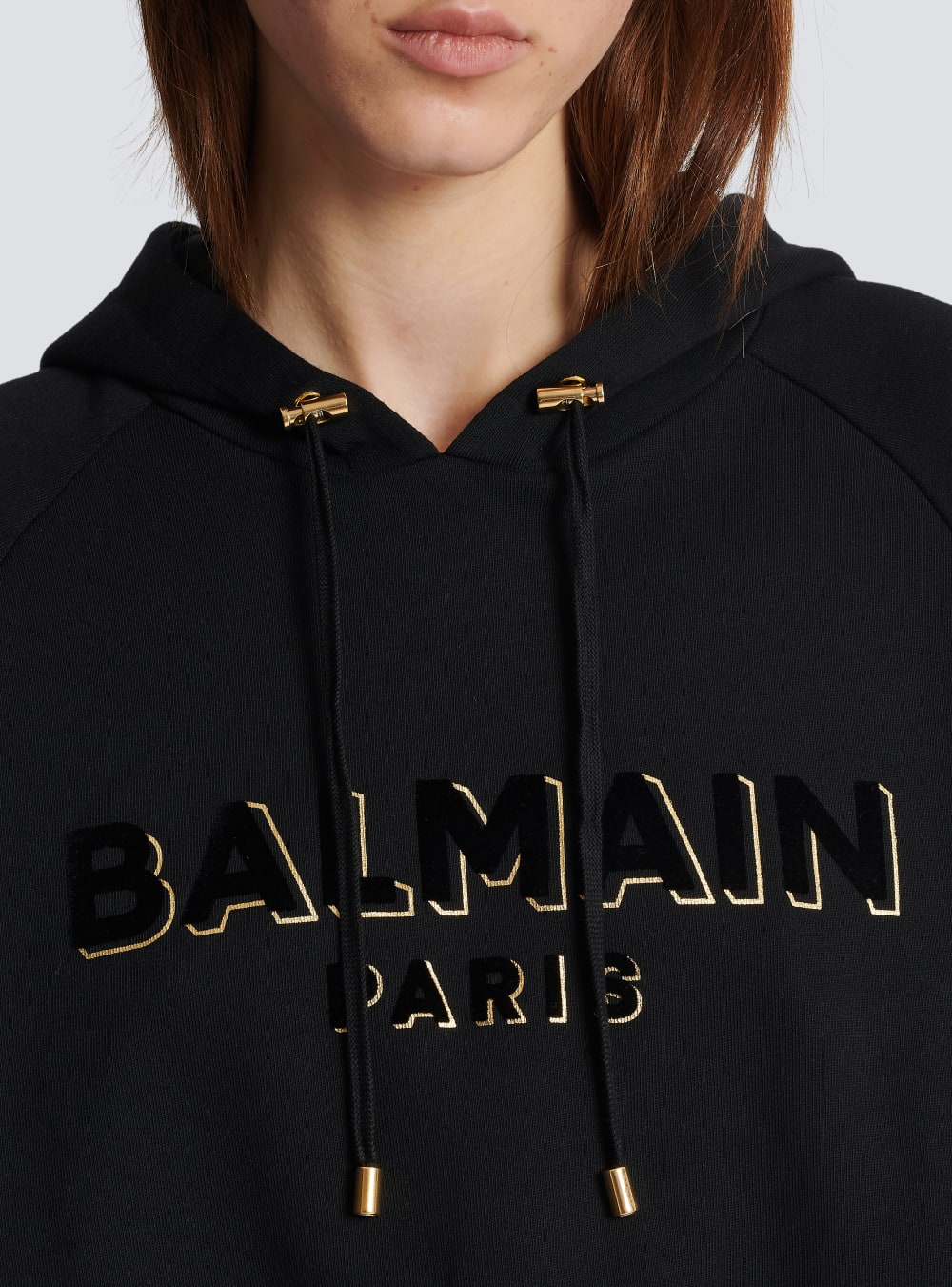 Women's Balmain Cropped Cotton With Flocked Metallic Logo Sweatshirts Black | USA gXimwjRR