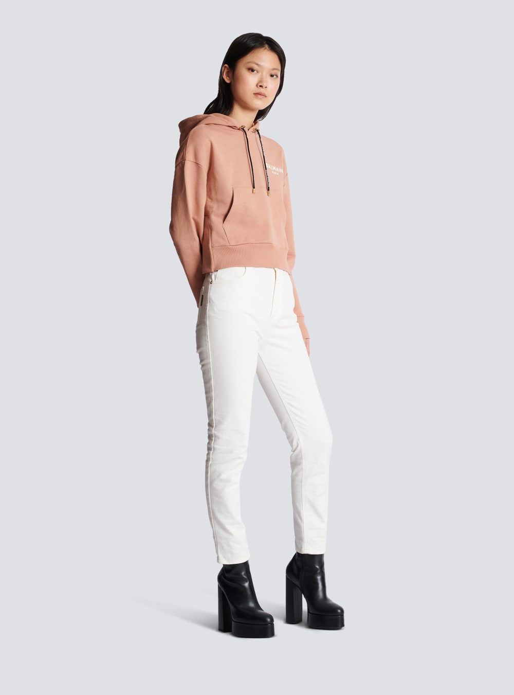 Women's Balmain Cropped Cotton With Flocked Logo Sweatshirts Pink | USA yHNT2jod