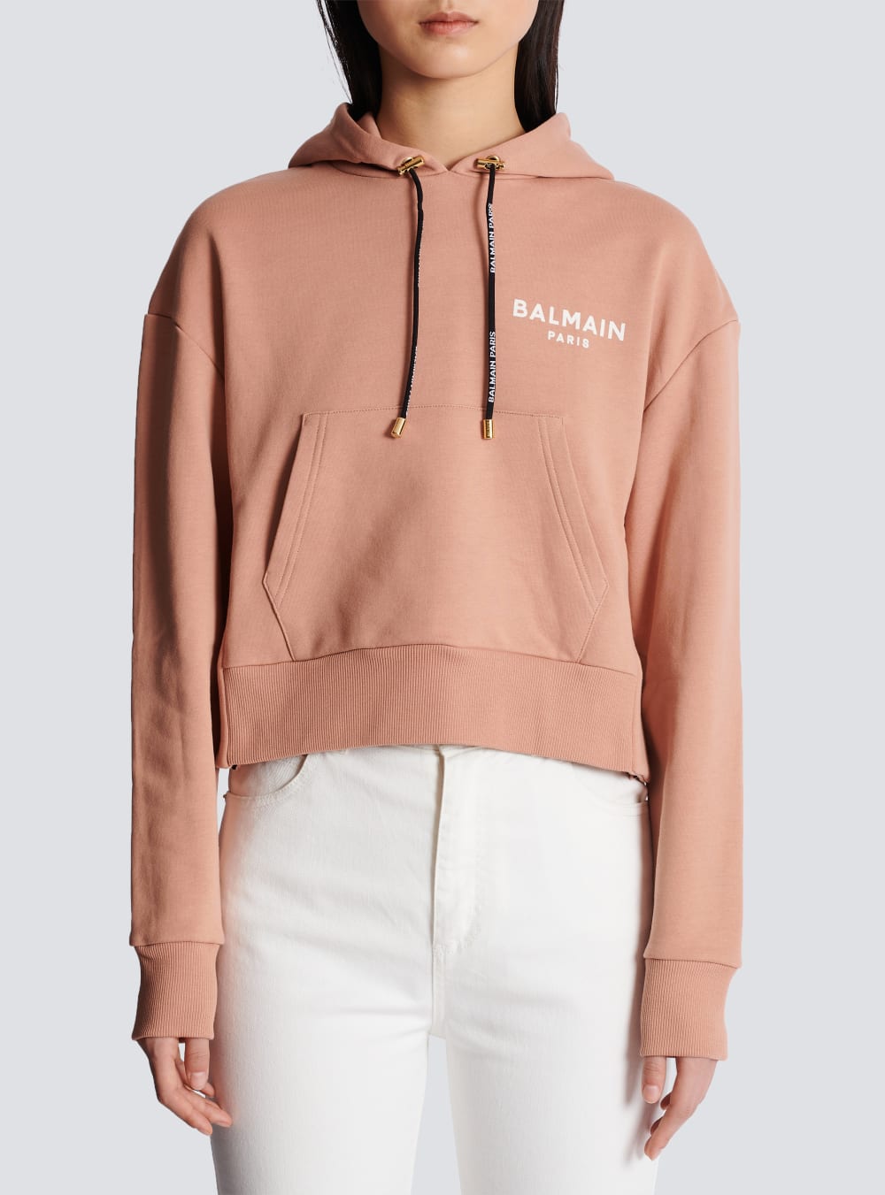 Women's Balmain Cropped Cotton With Flocked Logo Sweatshirts Pink | USA yHNT2jod