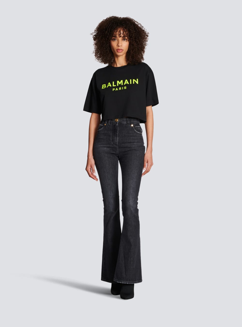 Women's Balmain Cropped Cotton With Logo Print T Shirts Yellow | USA 1HHmlIqK