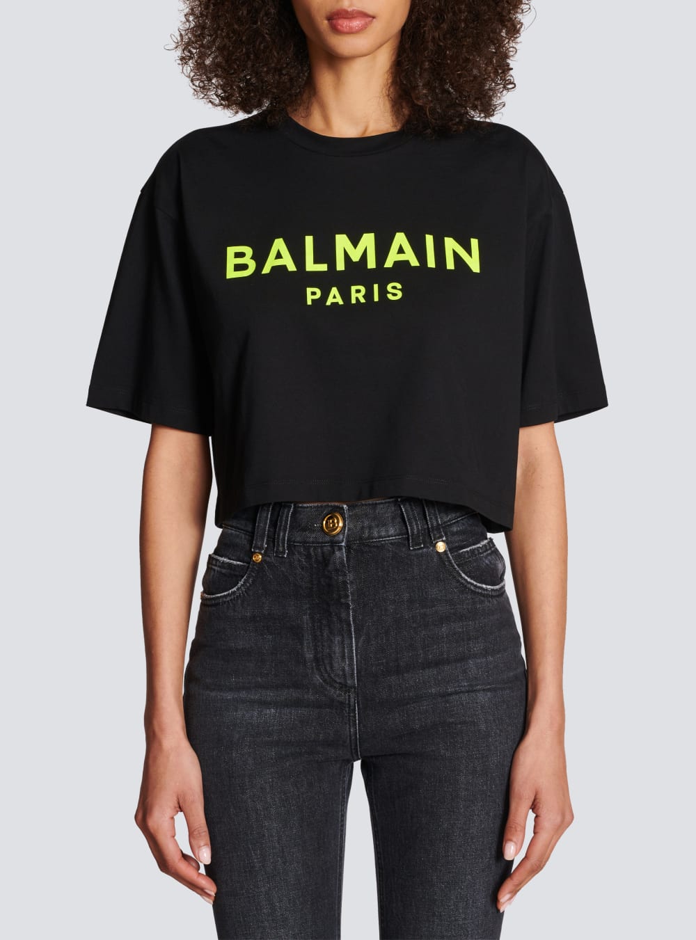 Women's Balmain Cropped Cotton With Logo Print T Shirts Yellow | USA 1HHmlIqK