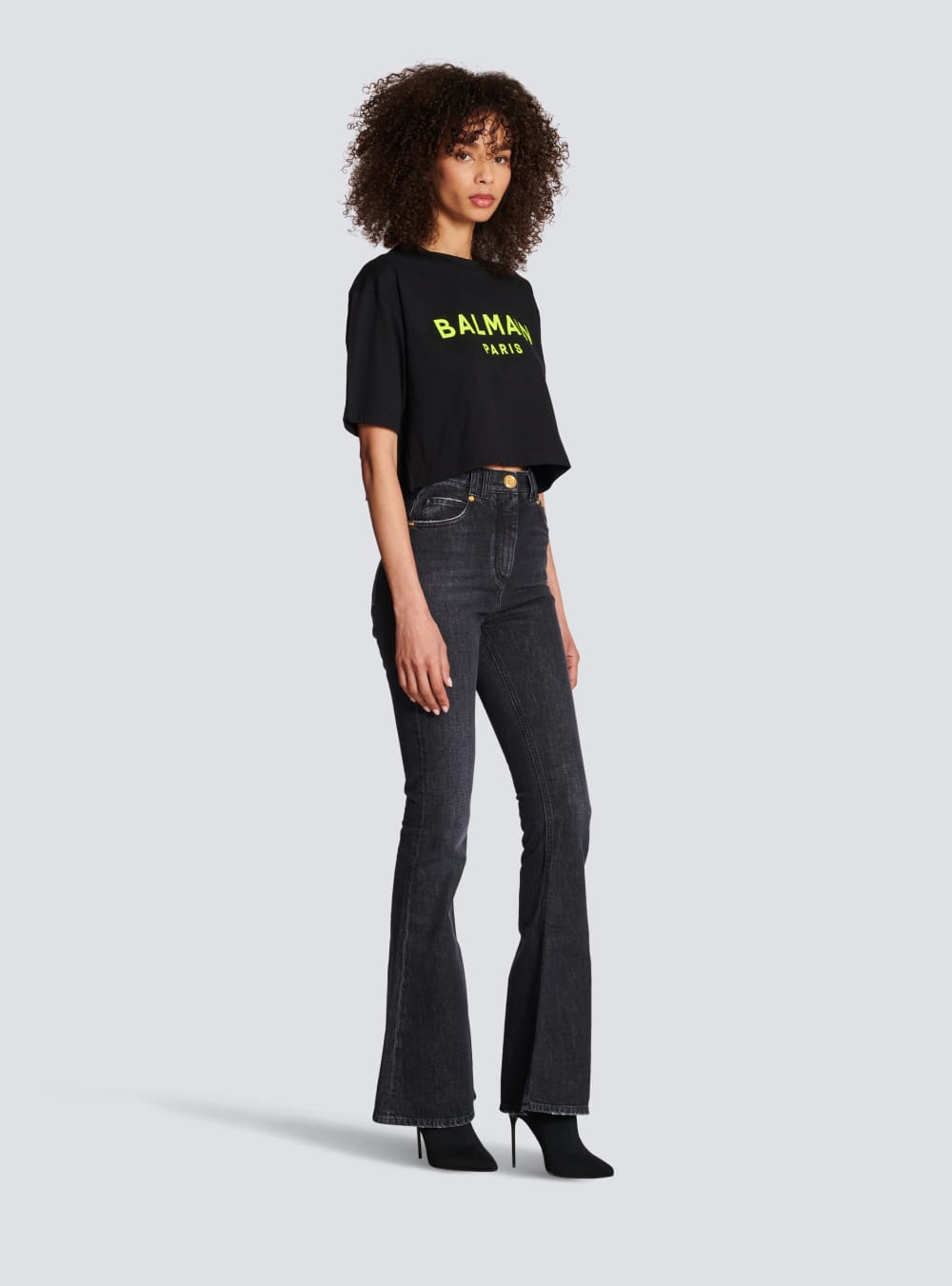 Women's Balmain Cropped Cotton With Logo Print T Shirts Yellow | USA 1HHmlIqK