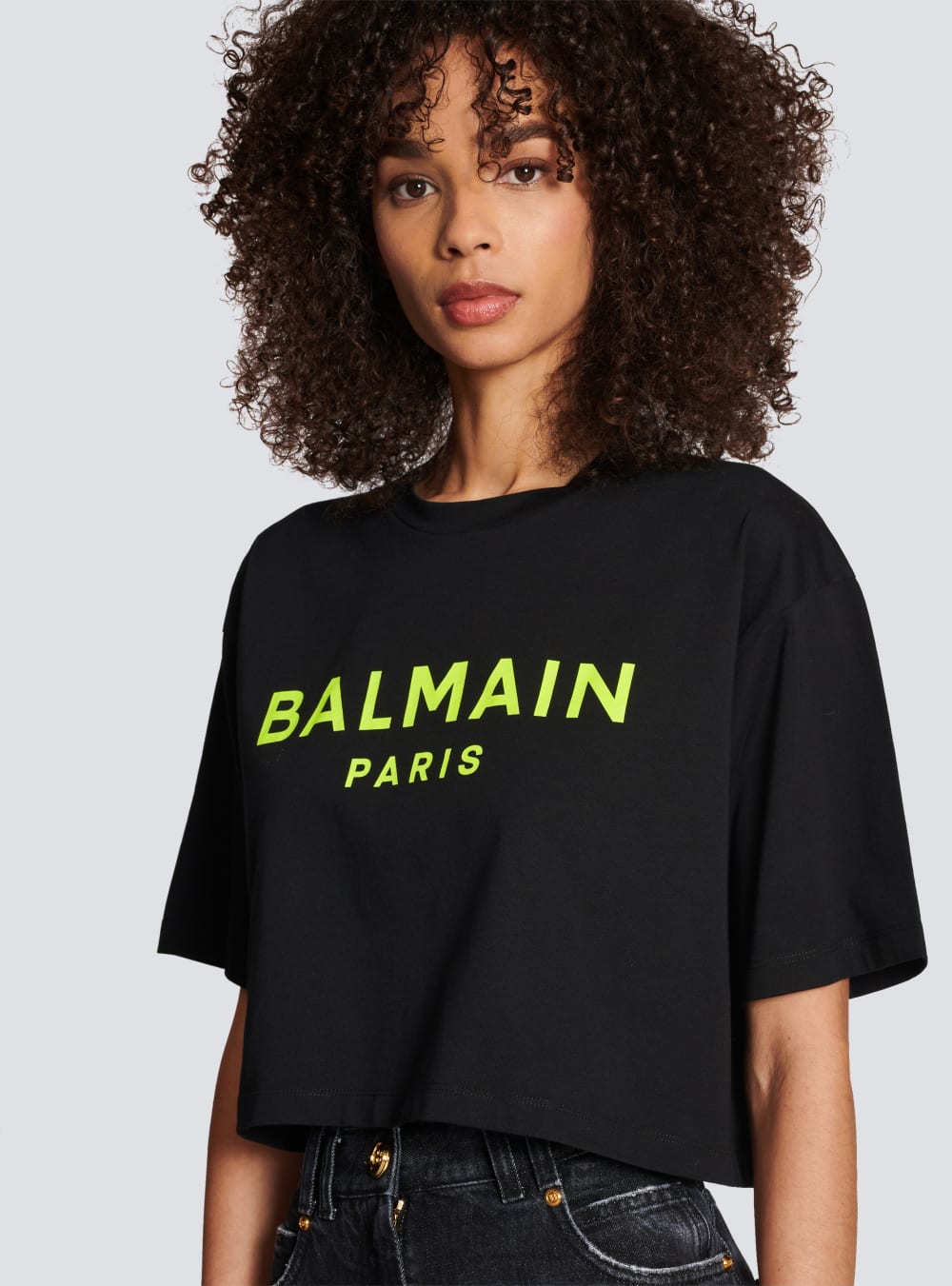 Women's Balmain Cropped Cotton With Logo Print T Shirts Yellow | USA 1HHmlIqK