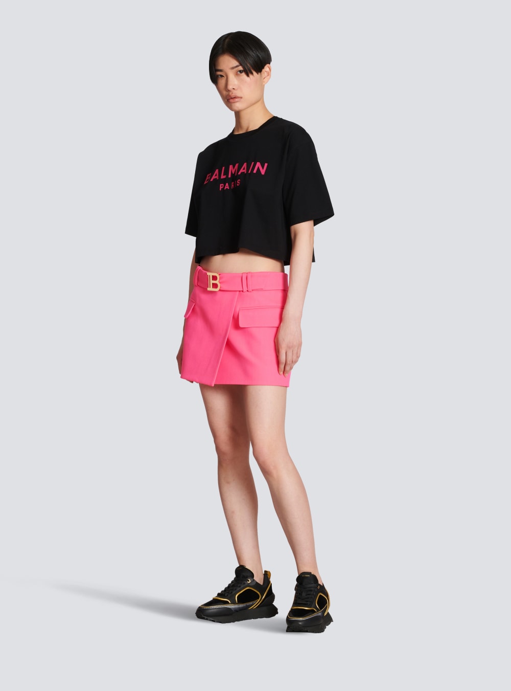 Women's Balmain Cropped Cotton With Logo Print T Shirts Pink | USA 1hclH4AM