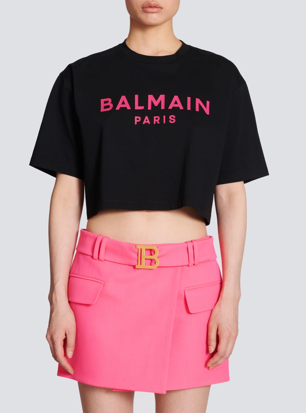 Women's Balmain Cropped Cotton With Logo Print T Shirts Pink | USA 1hclH4AM