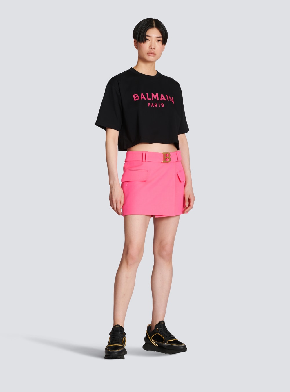 Women's Balmain Cropped Cotton With Logo Print T Shirts Pink | USA 1hclH4AM