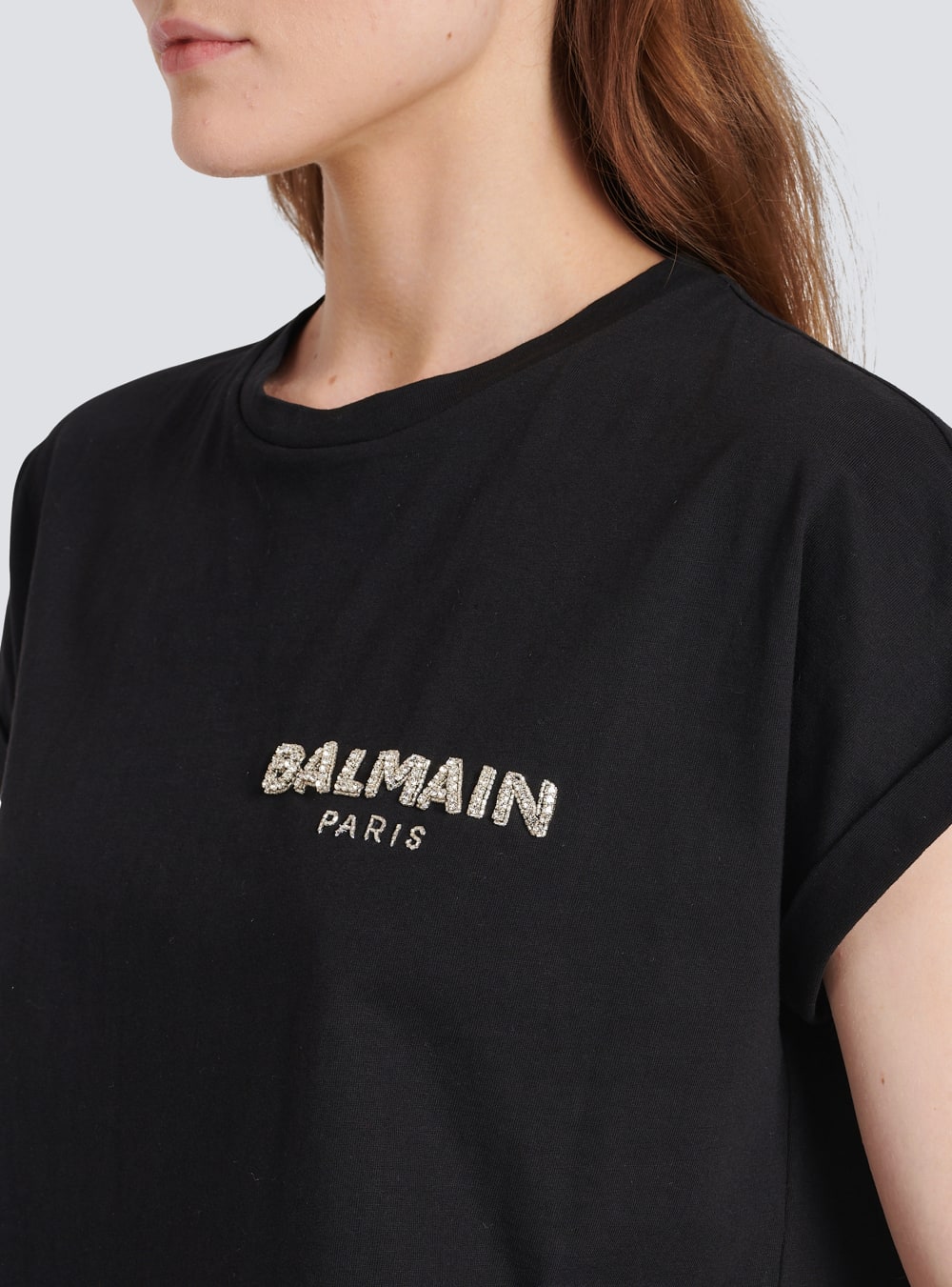 Women's Balmain Cropped Cotton With Small Embroidered Logo T Shirts Black | USA ujA6Yo8H