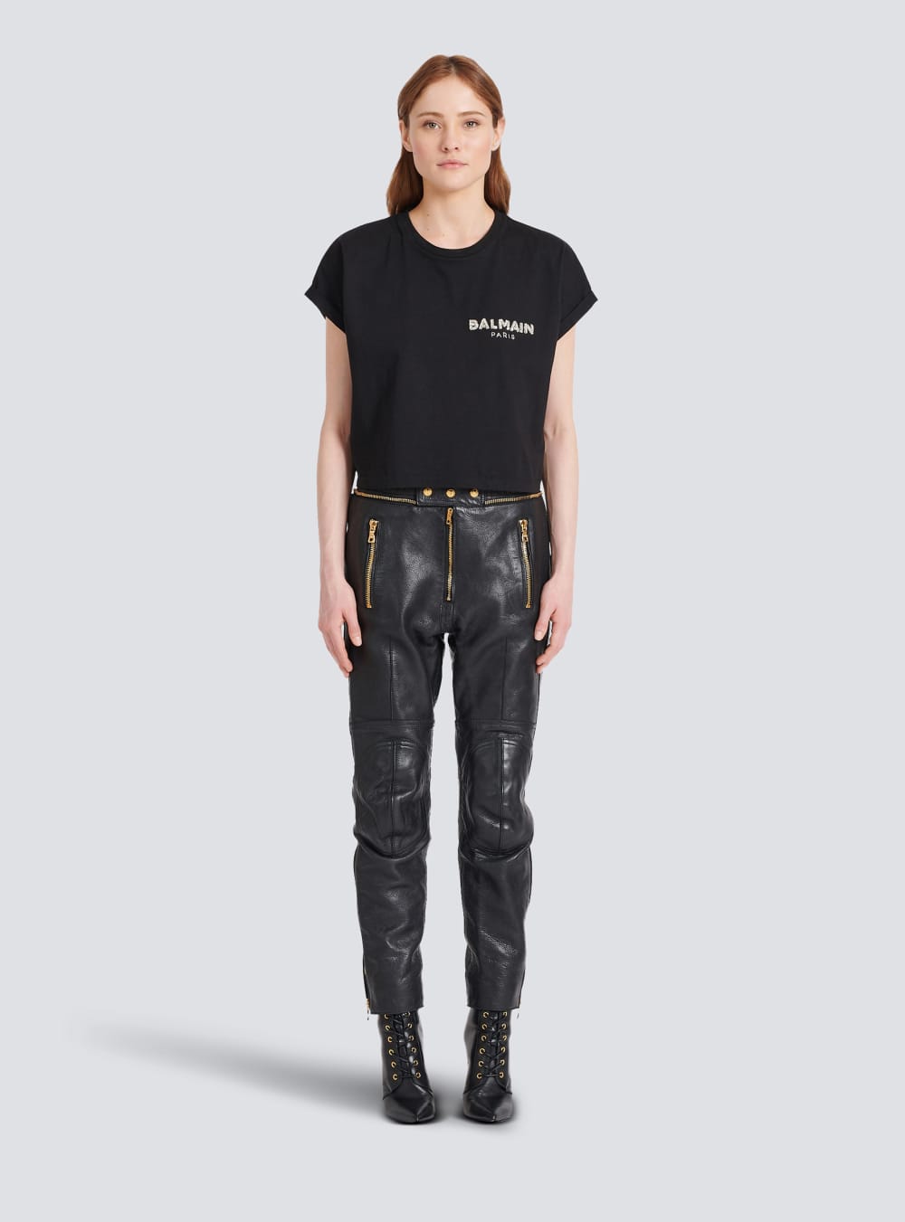 Women's Balmain Cropped Cotton With Small Embroidered Logo T Shirts Black | USA ujA6Yo8H