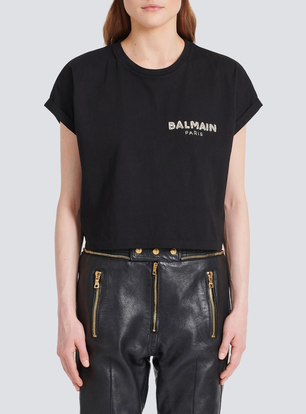 Women's Balmain Cropped Cotton With Small Embroidered Logo T Shirts Black | USA ujA6Yo8H