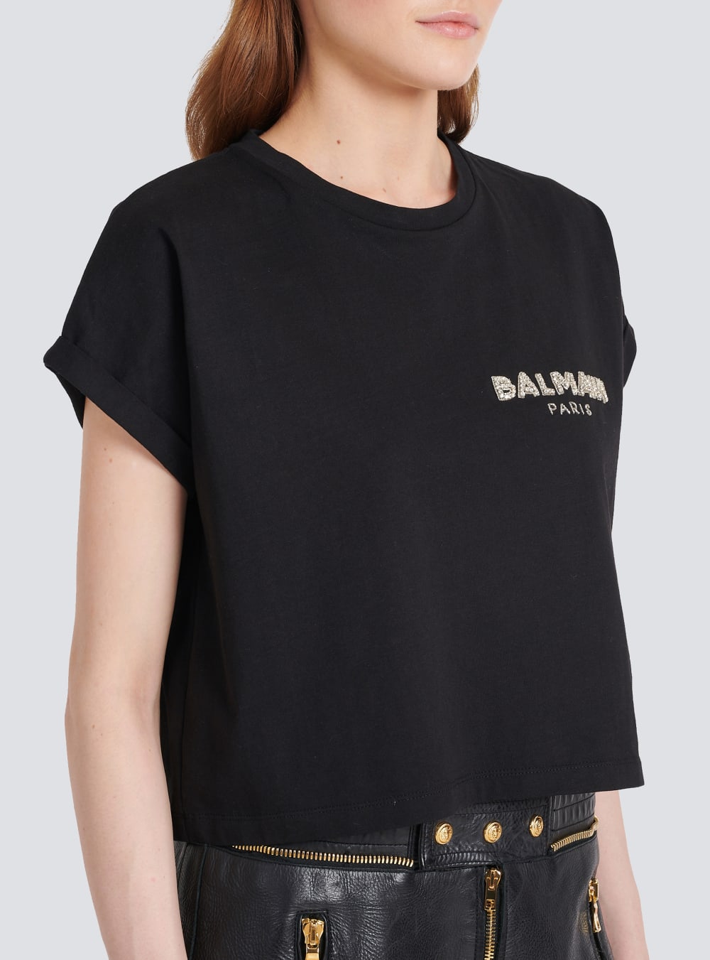 Women's Balmain Cropped Cotton With Small Embroidered Logo T Shirts Black | USA ujA6Yo8H