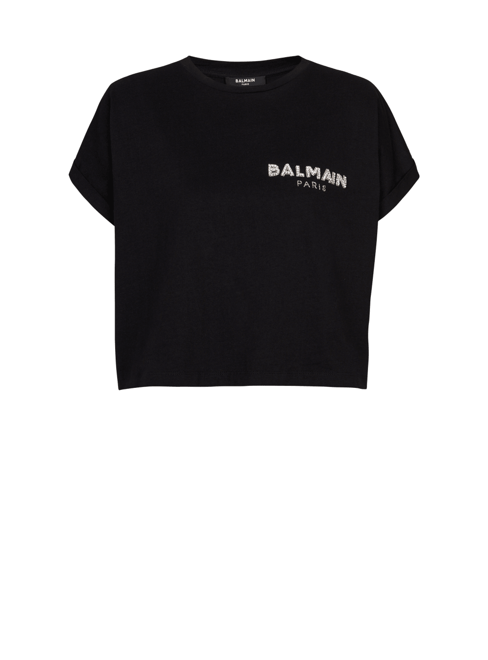 Women\'s Balmain Cropped Cotton With Small Embroidered Logo T Shirts Black | USA ujA6Yo8H