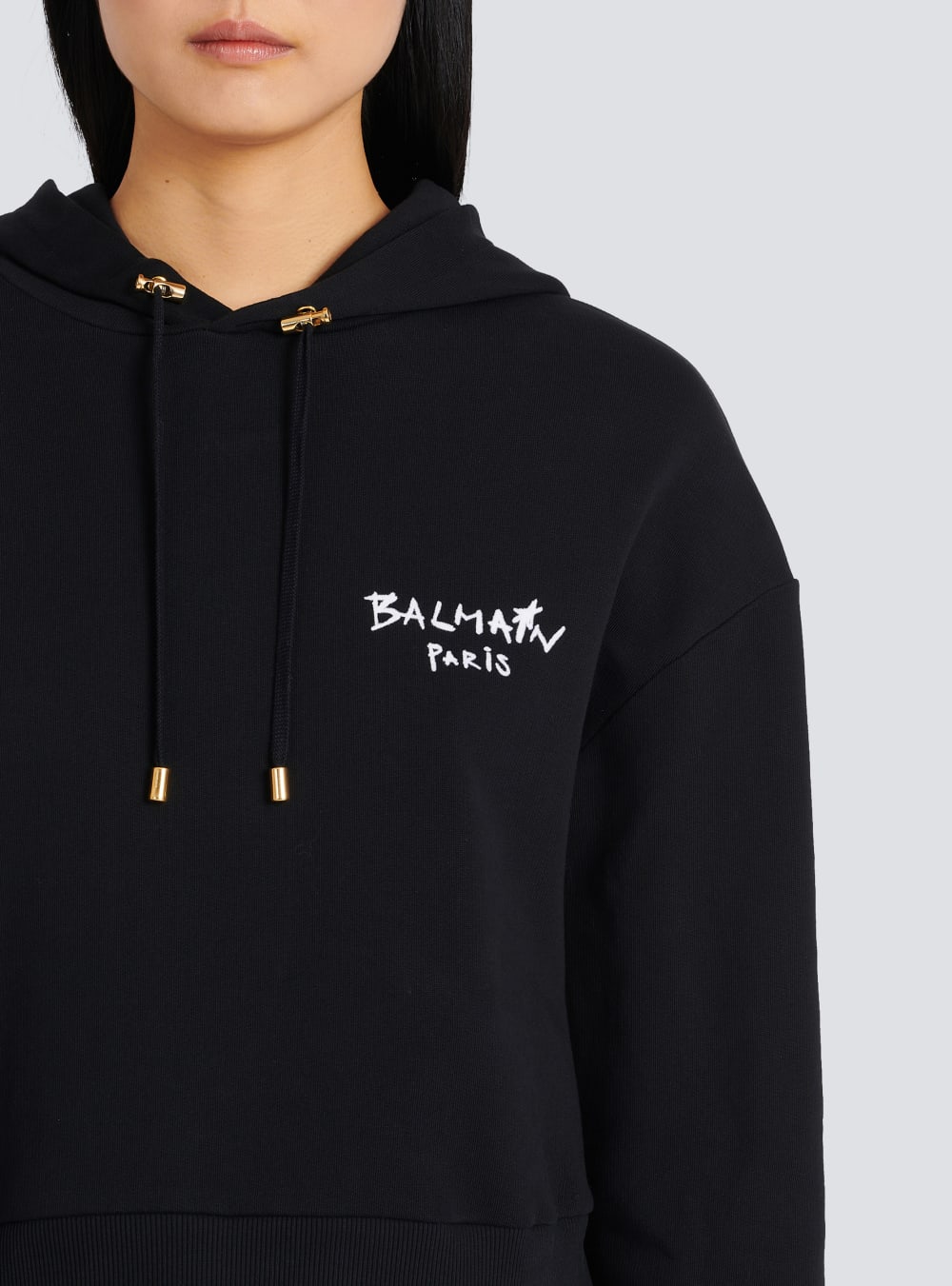 Women's Balmain Cropped Eco-design Cotton With Flocked Graffiti Logo Sweatshirts Black | USA qQ91YijW