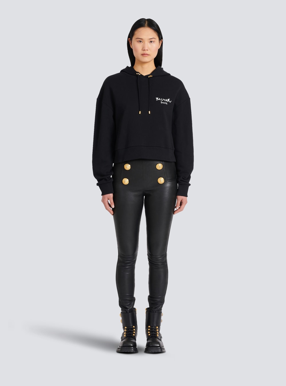 Women's Balmain Cropped Eco-design Cotton With Flocked Graffiti Logo Sweatshirts Black | USA qQ91YijW