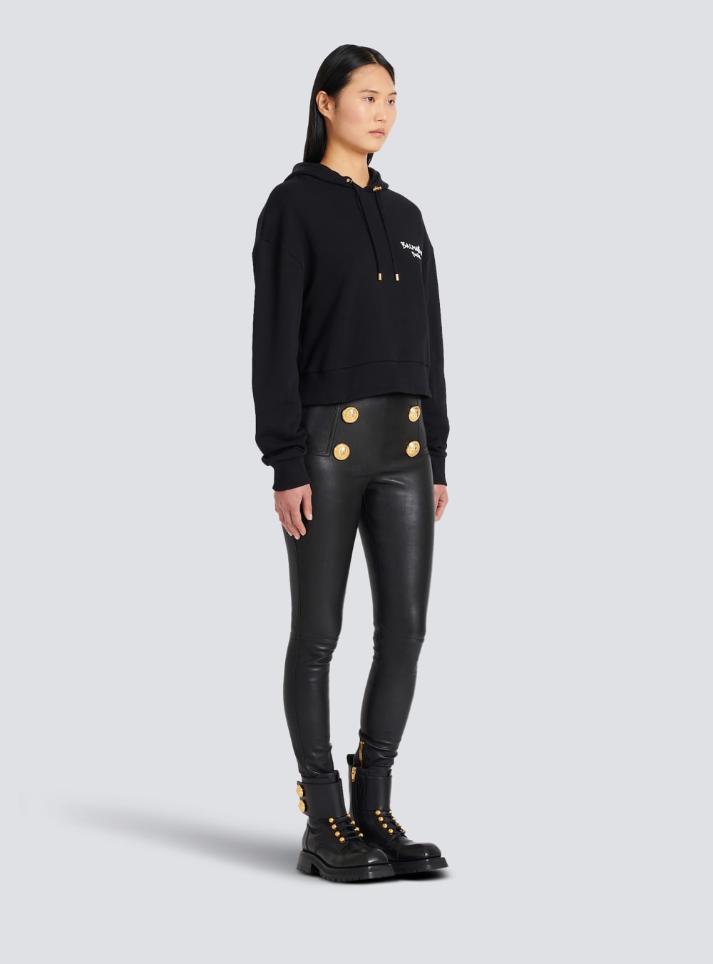 Women's Balmain Cropped Eco-design Cotton With Flocked Graffiti Logo Sweatshirts Black | USA qQ91YijW