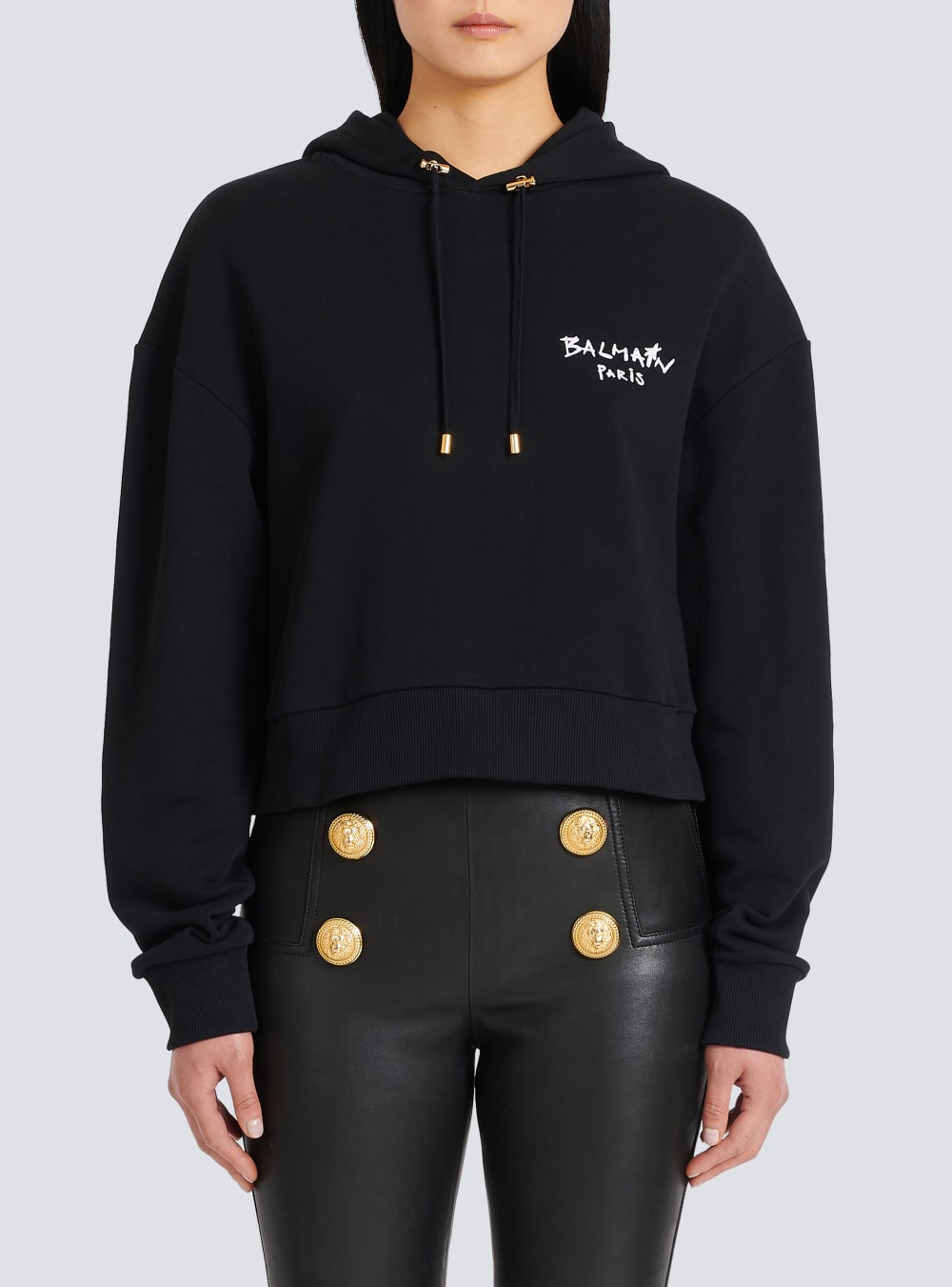 Women's Balmain Cropped Eco-design Cotton With Flocked Graffiti Logo Sweatshirts Black | USA qQ91YijW