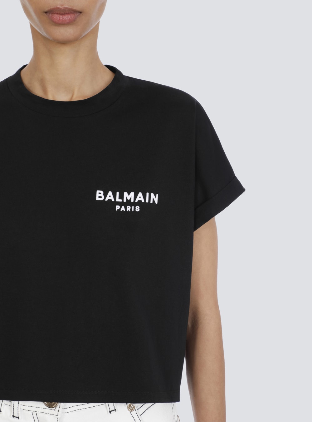 Women's Balmain Cropped Eco-designed Cotton With Small Flocked Logo T Shirts Black | USA 86gxat5S