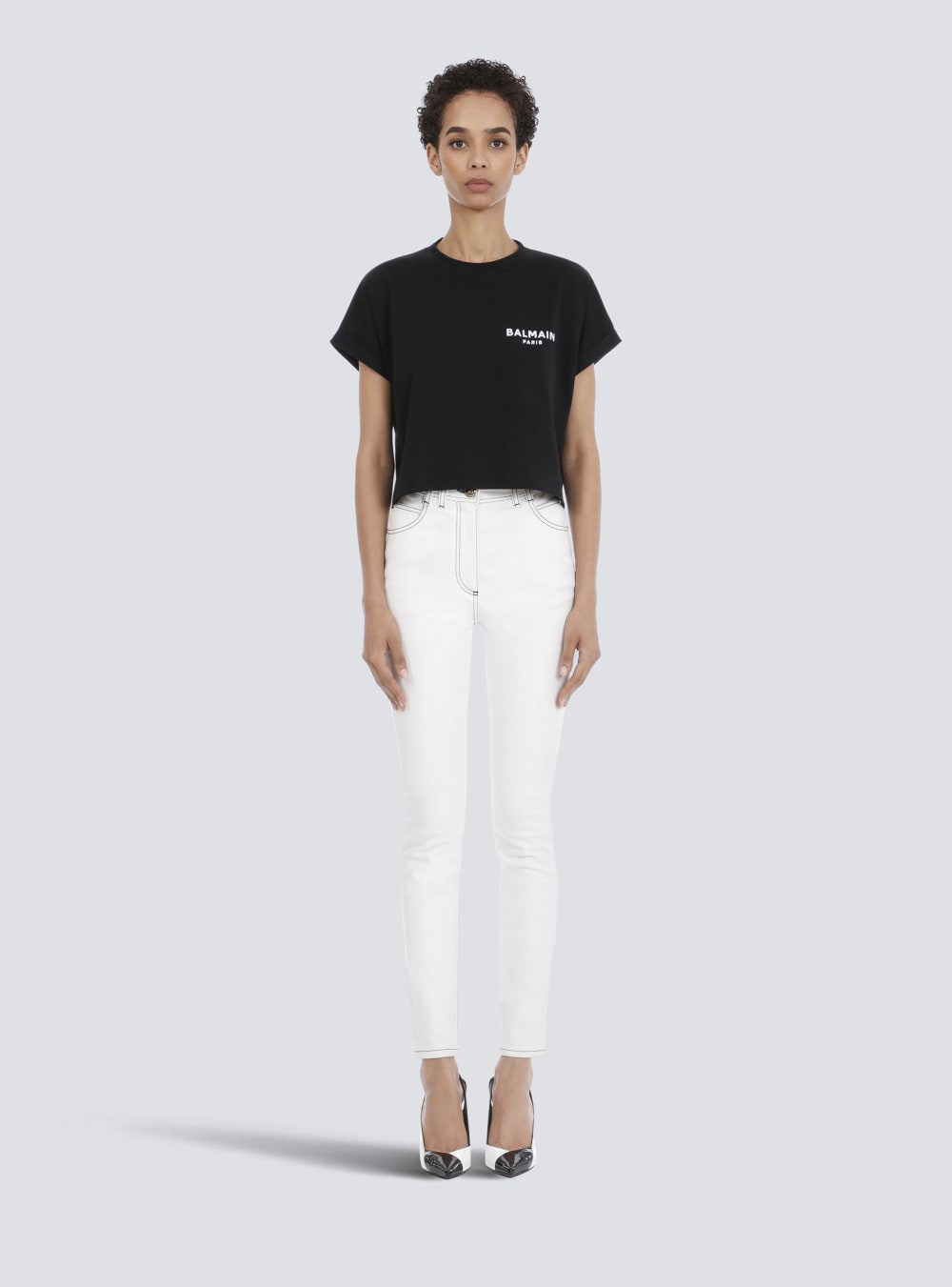 Women's Balmain Cropped Eco-designed Cotton With Small Flocked Logo T Shirts Black | USA 86gxat5S